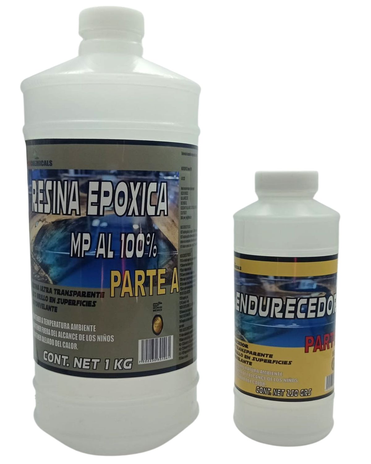 RESINA EPOXICA ULTRA TRANSPARENTE MP 100% 1 KG Y ENDURECEDOR 2 BOTELLAS DE 250 GRS C/U