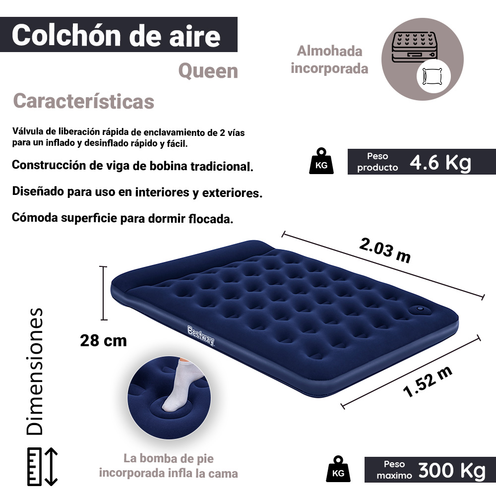 Colchón Inflable Queen Size Bestway Con Bomba Pie Integrada