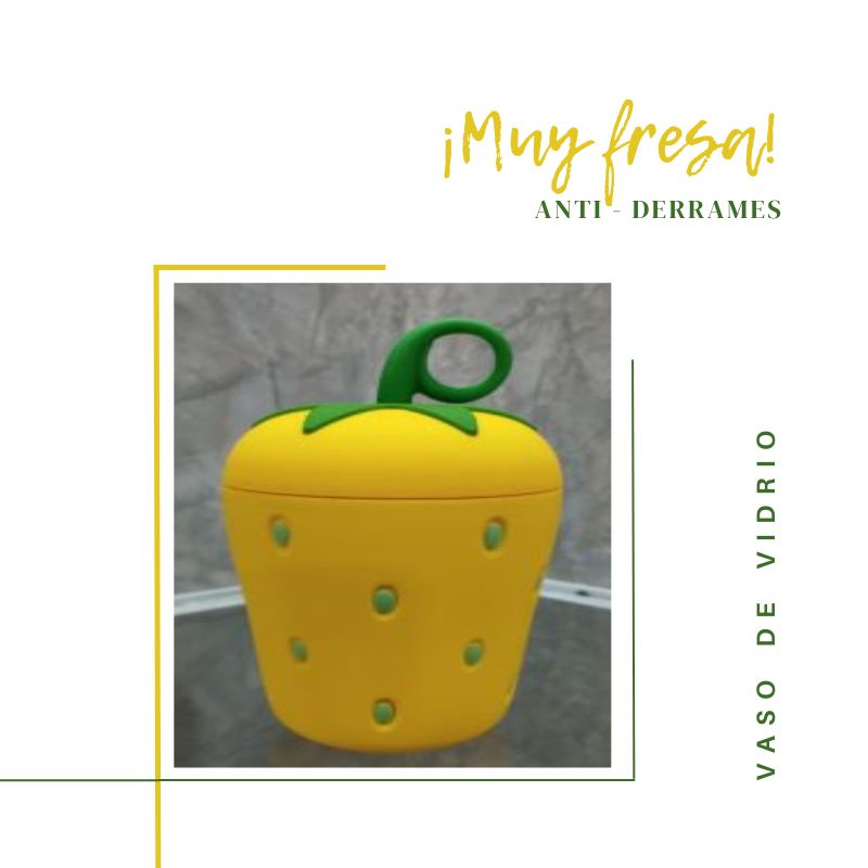 Excelente!! vaso de vidrio hermetico en forma de fresa color amarillo