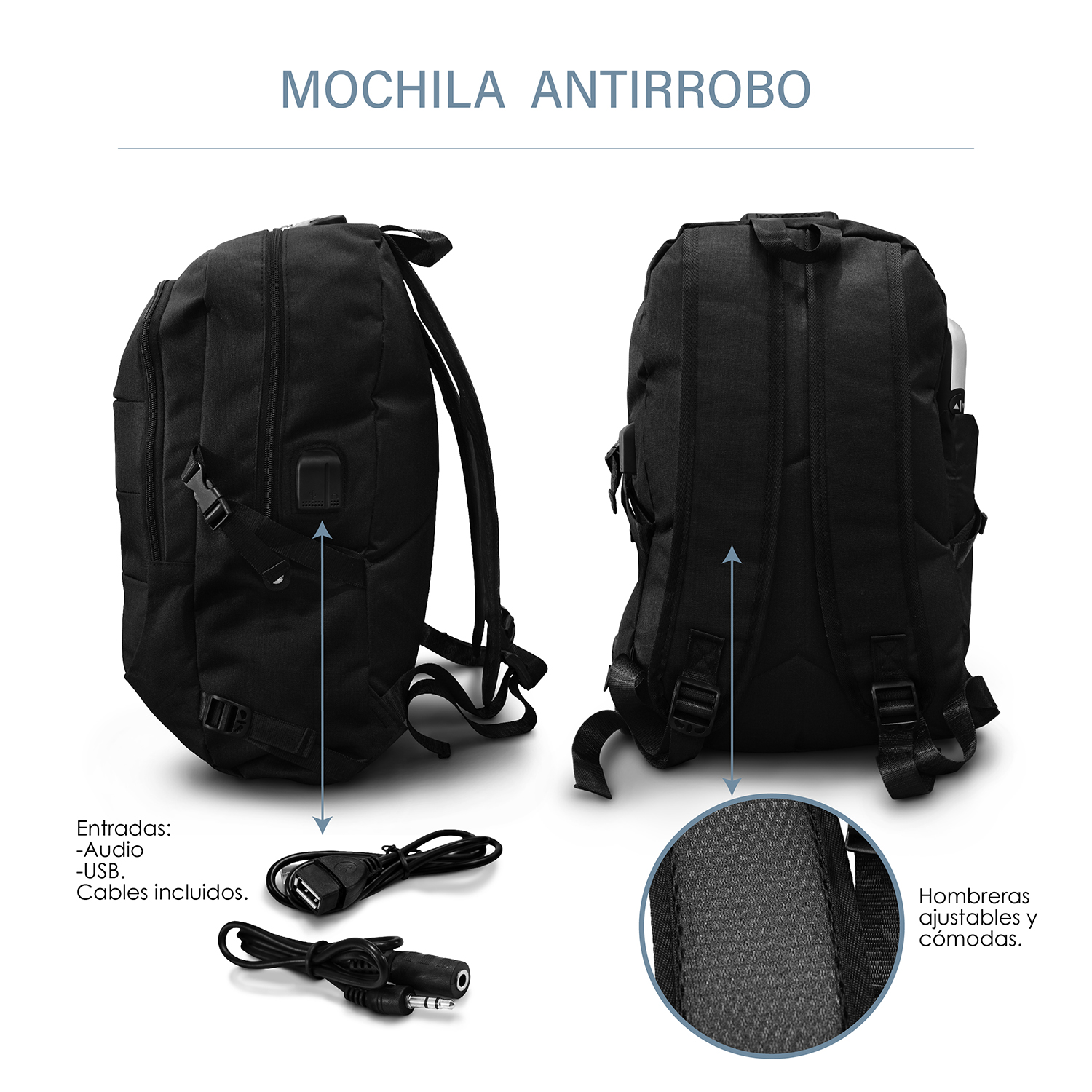 Mochila Antirrobo Impermeable Puerto Usb Para Laptop ,Color Negro
