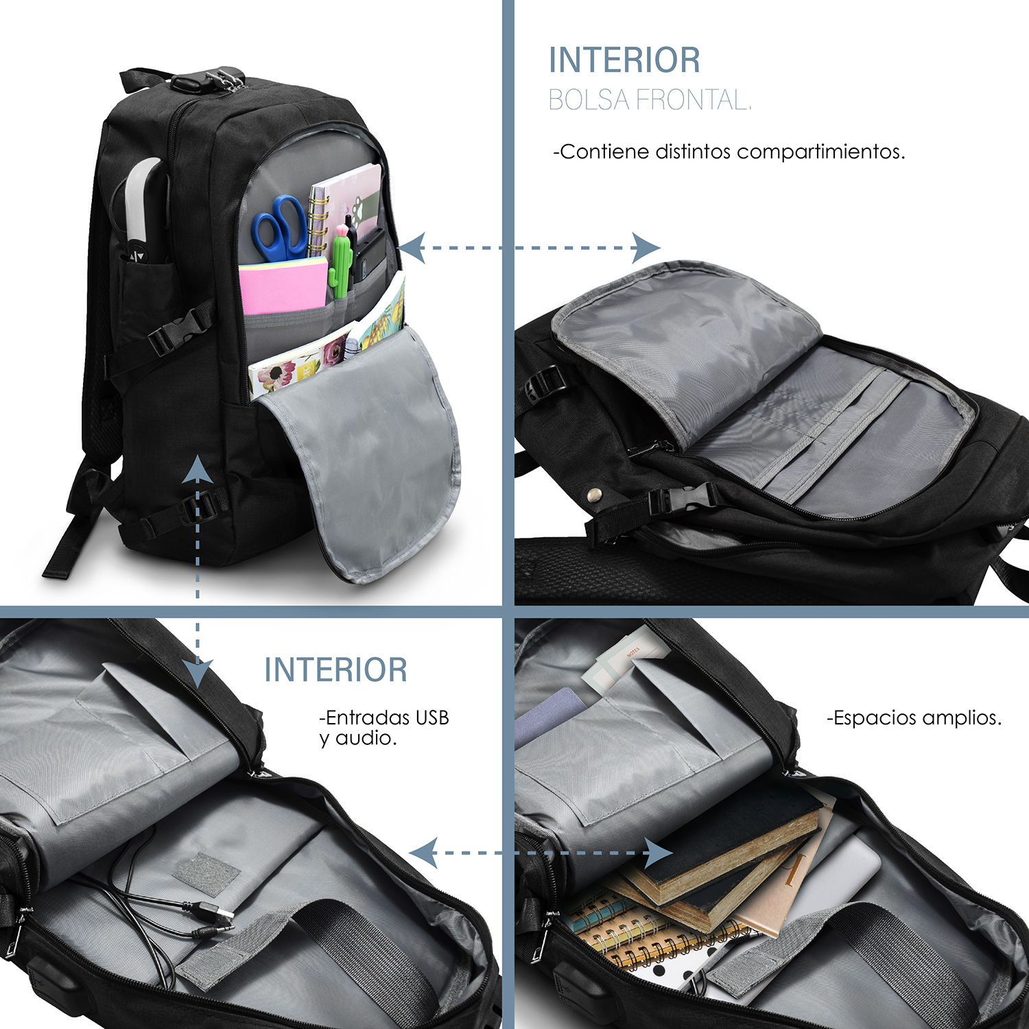 Mochila Antirrobo Impermeable Puerto Usb Para Laptop ,Color Negro
