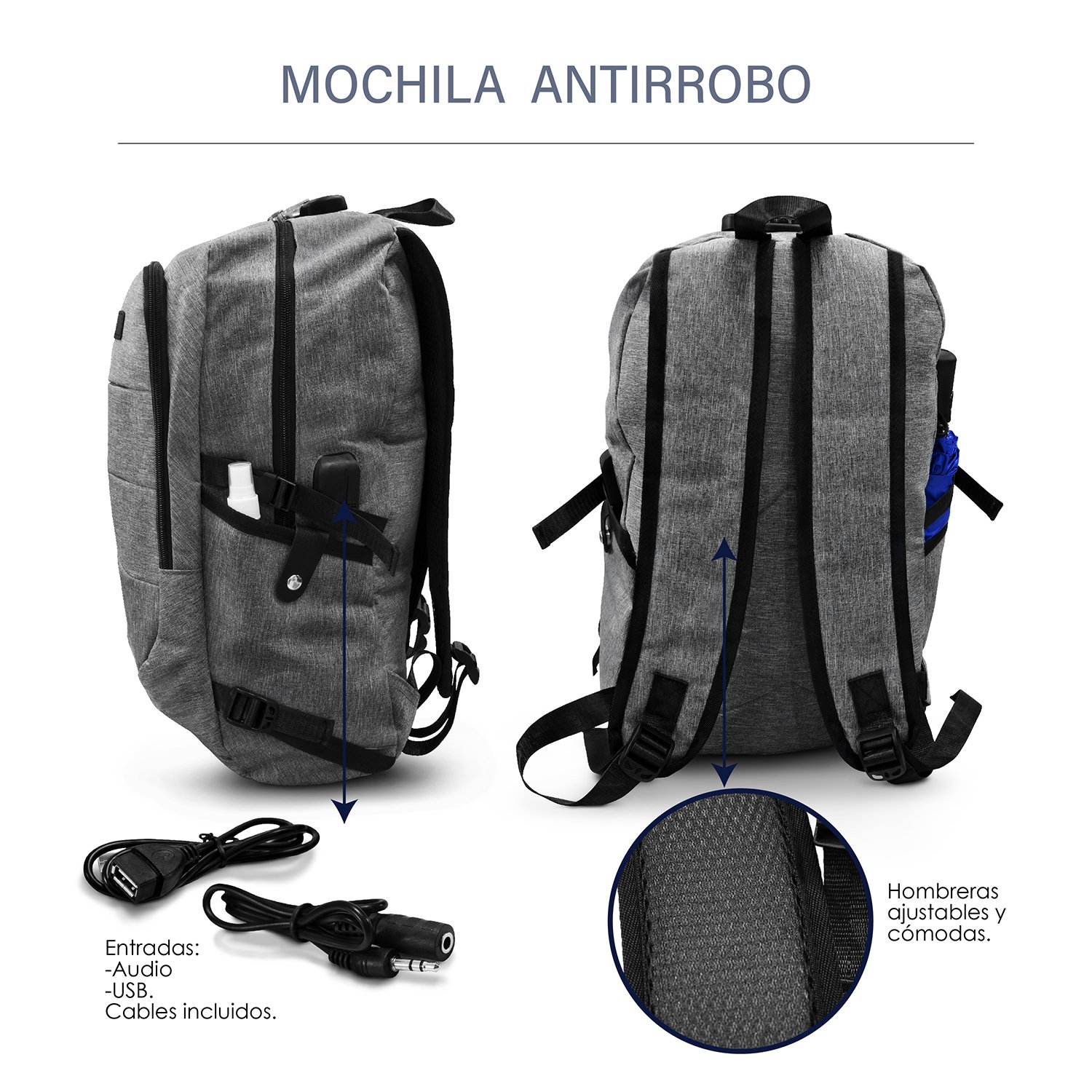 Mochila Antirrobo Impermeable Porta Laptop Con Usb Gris
