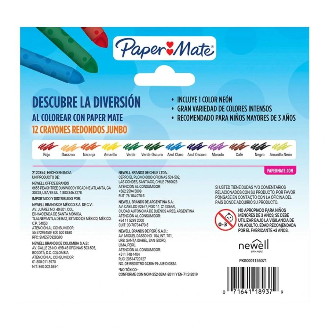 Crayones Jumbo Paper Mate  12 Colores diferentes Triangulares
