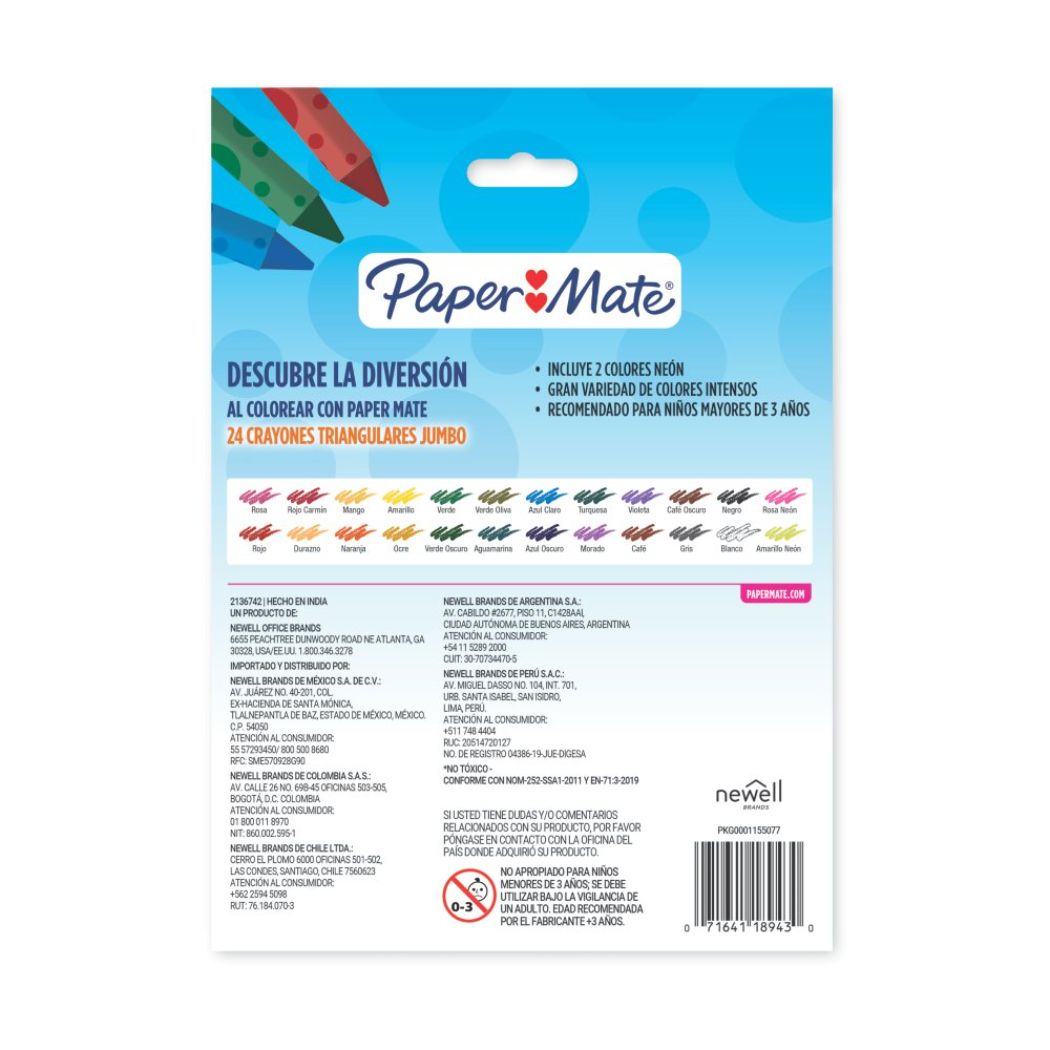 Crayones Paper Mate Jumbo Triangulares 24 pzas