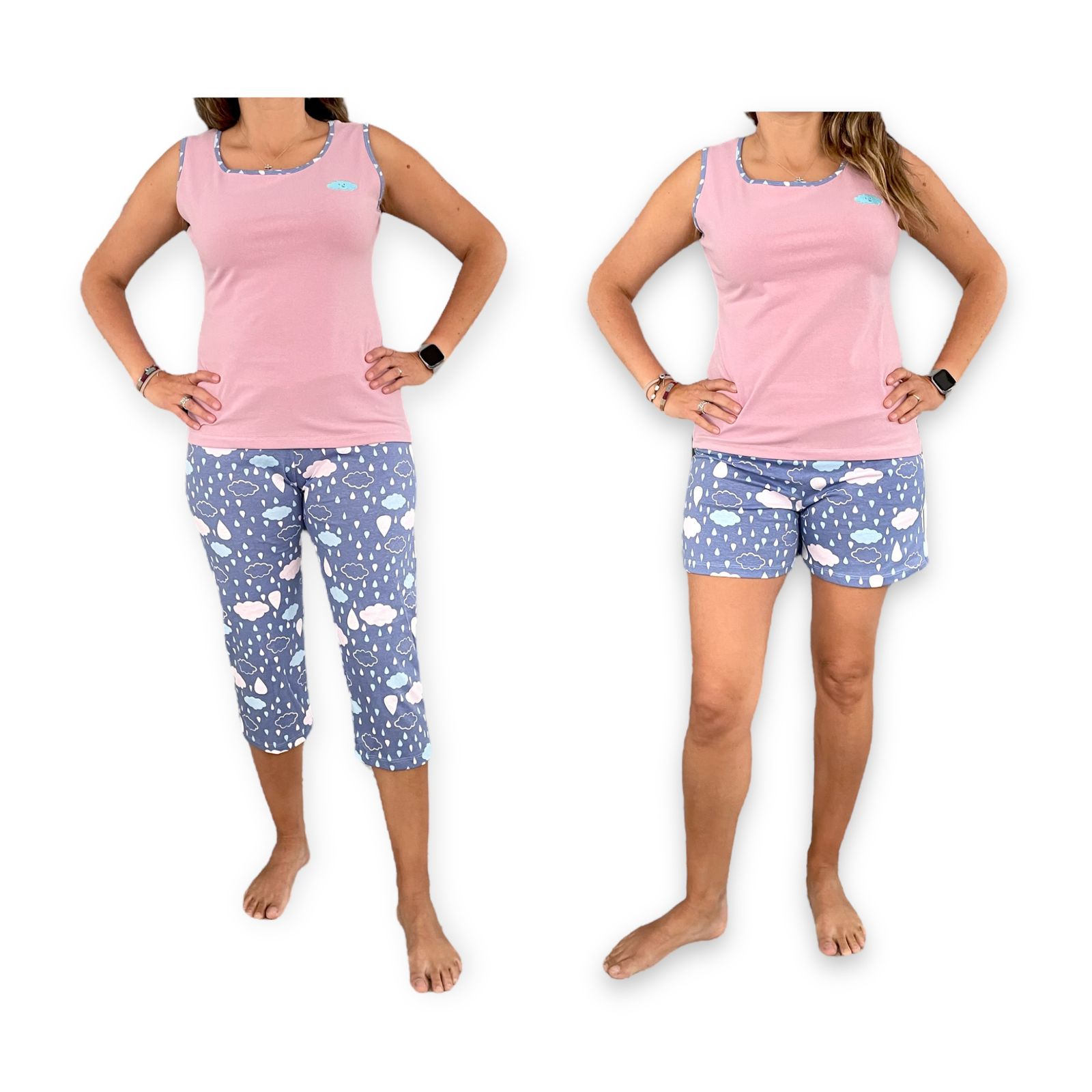 Pijama Para Dama Pack 3 Pzs Blusa Short y Pantalón Capri Nubes Lyndo