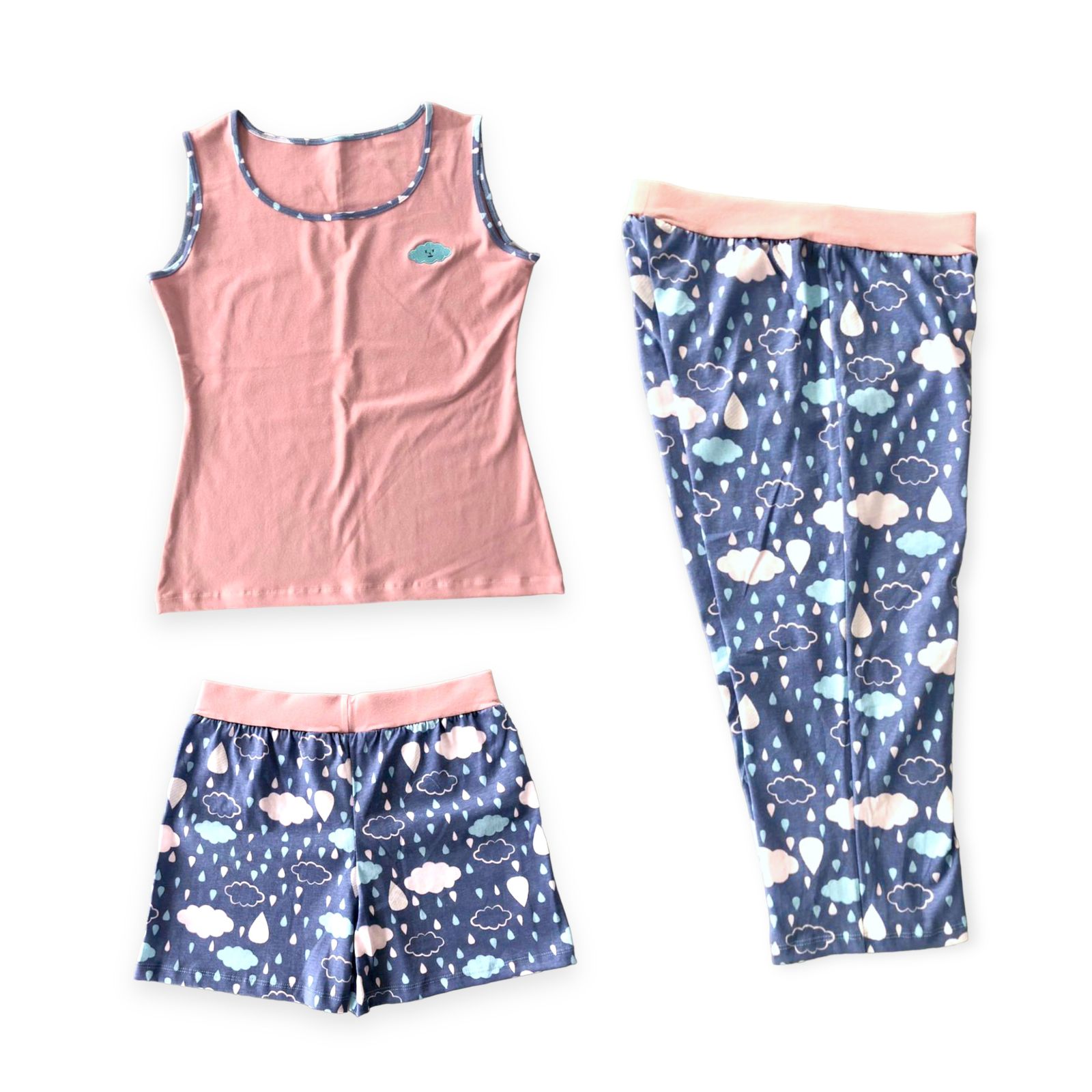 Pijama Para Dama Pack 3 Pzs Blusa Short y Pantalón Capri Nubes Lyndo