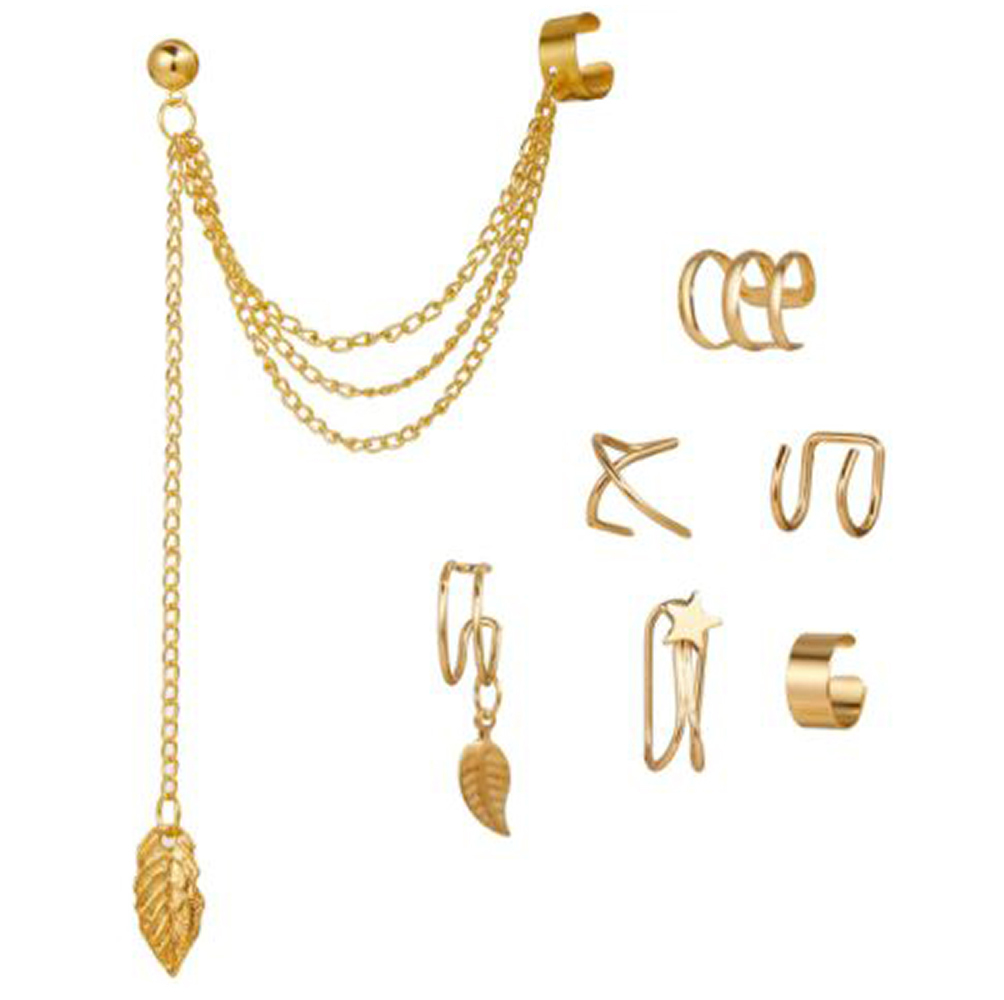 Aretes de Clip, Aretes de Cartílago, Aretes Trepadores de Cadena Punk, Aretes de Aro Ear Cuff Clip On No Piercing - Dorados