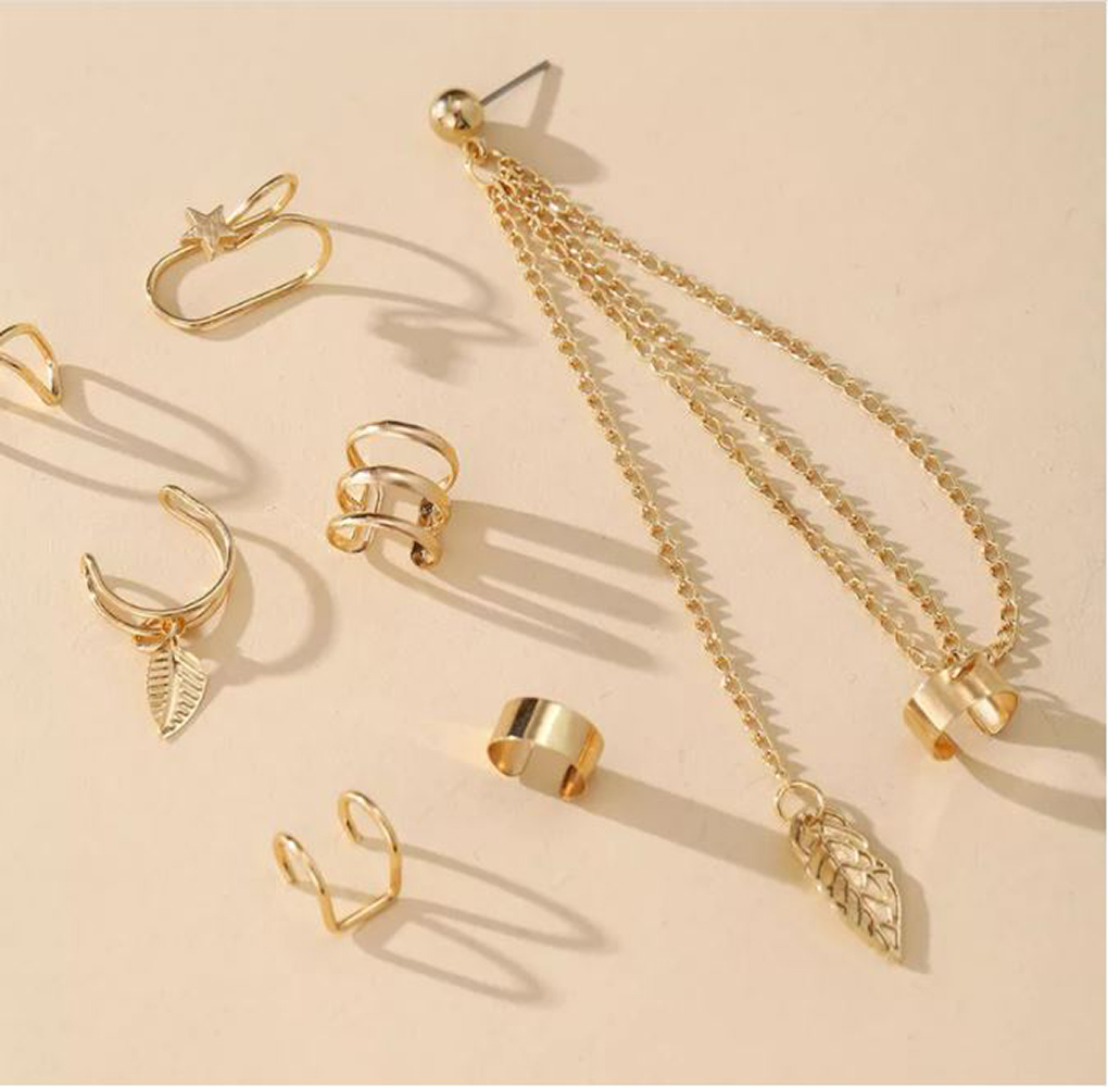 Aretes de Clip, Aretes de Cartílago, Aretes Trepadores de Cadena Punk, Aretes de Aro Ear Cuff Clip On No Piercing - Dorados