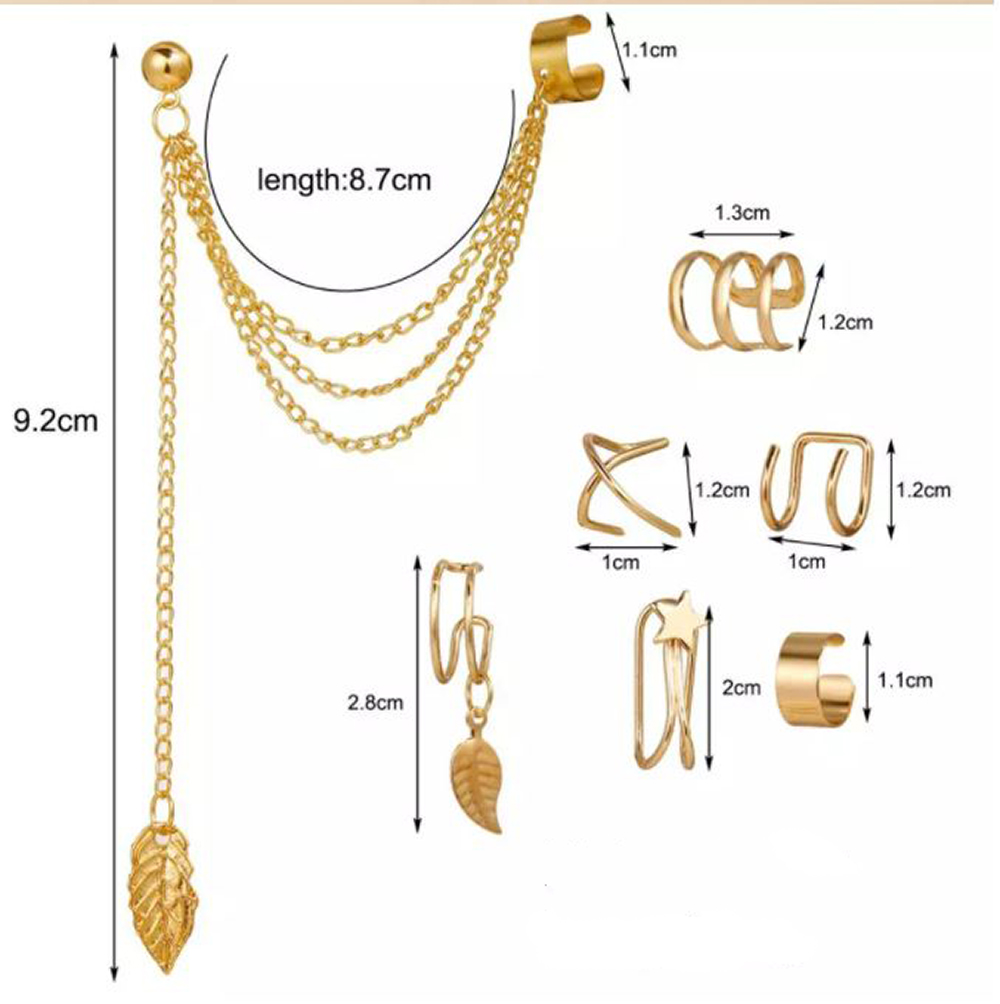 Aretes de Clip, Aretes de Cartílago, Aretes Trepadores de Cadena Punk, Aretes de Aro Ear Cuff Clip On No Piercing - Dorados