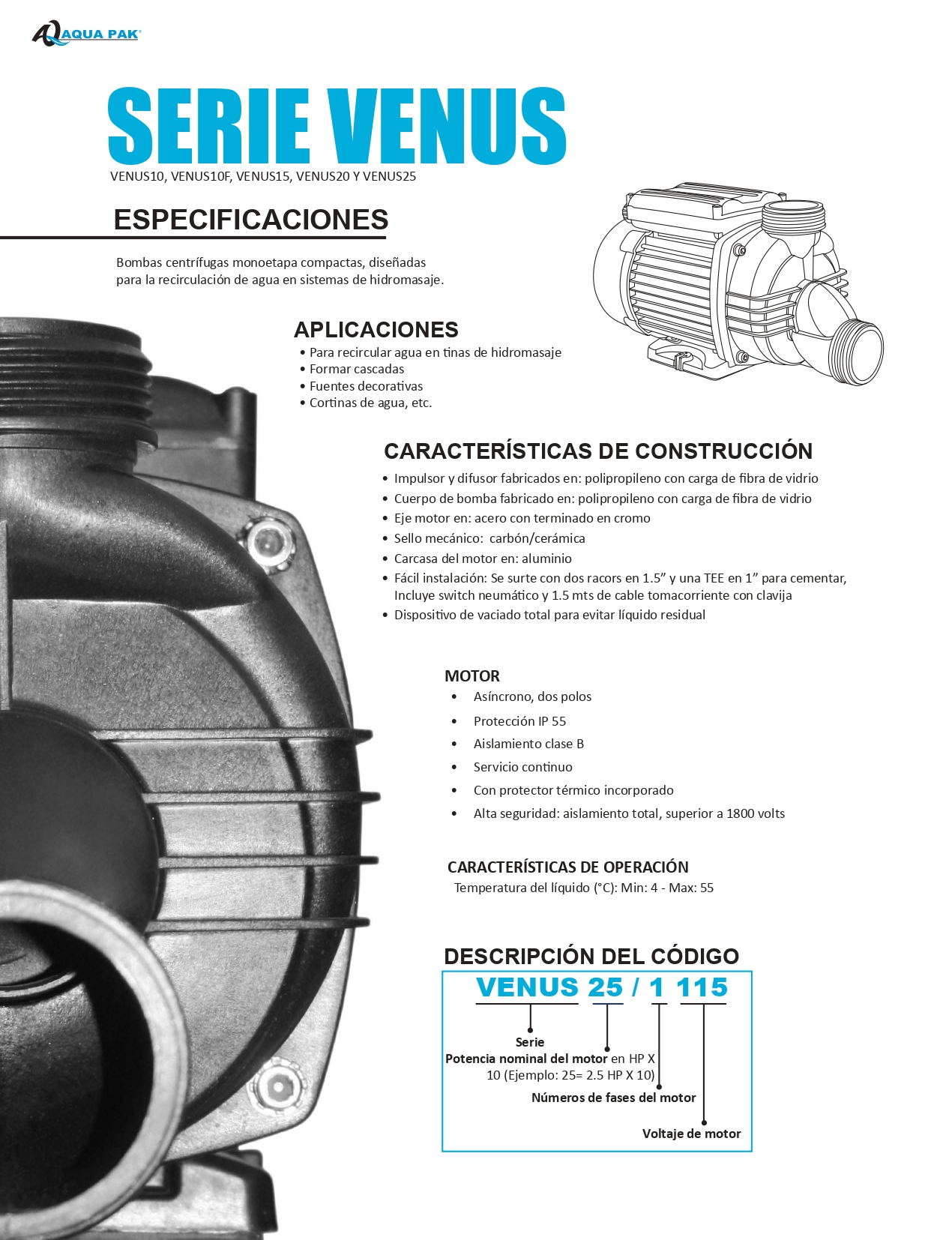 Bomba para Hidromasaje Aqua Pak VENUS10 1 HP 115 Volts