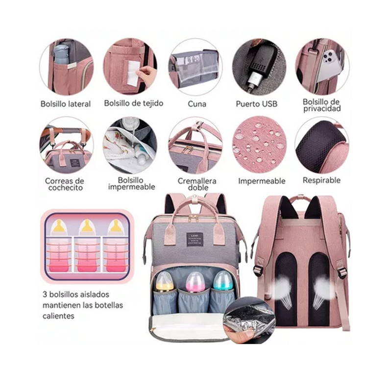 Mochila Pañalera Cuna 7 En 1 Multifunciones Impermeable.