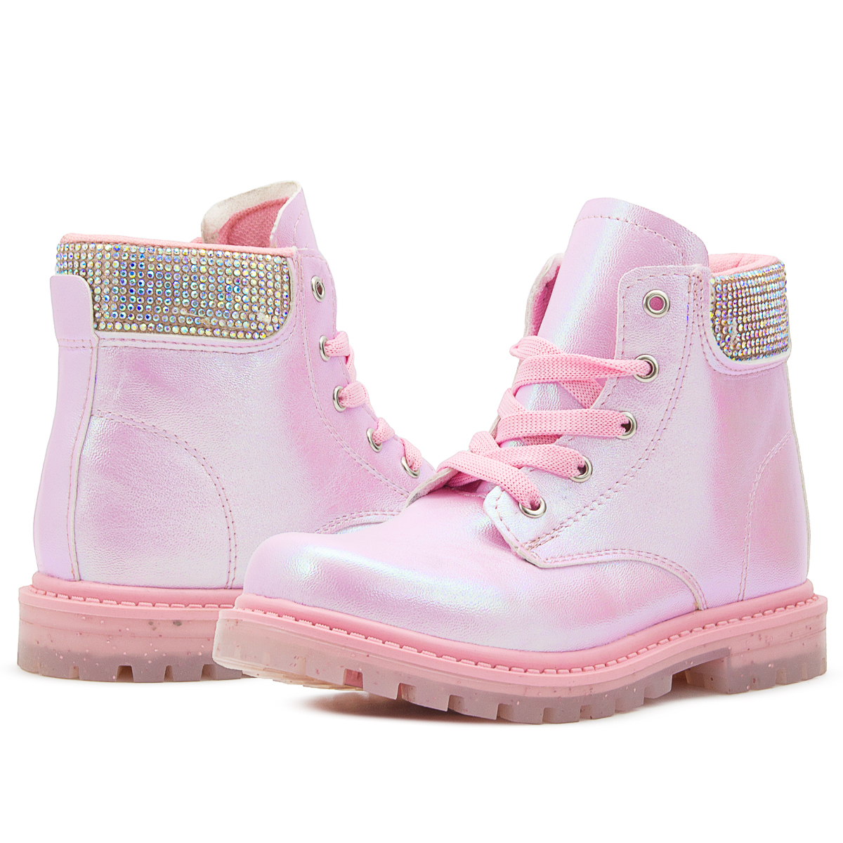 Bota Niña Moda Casual Brillos Rosa Tornasol Agujeta