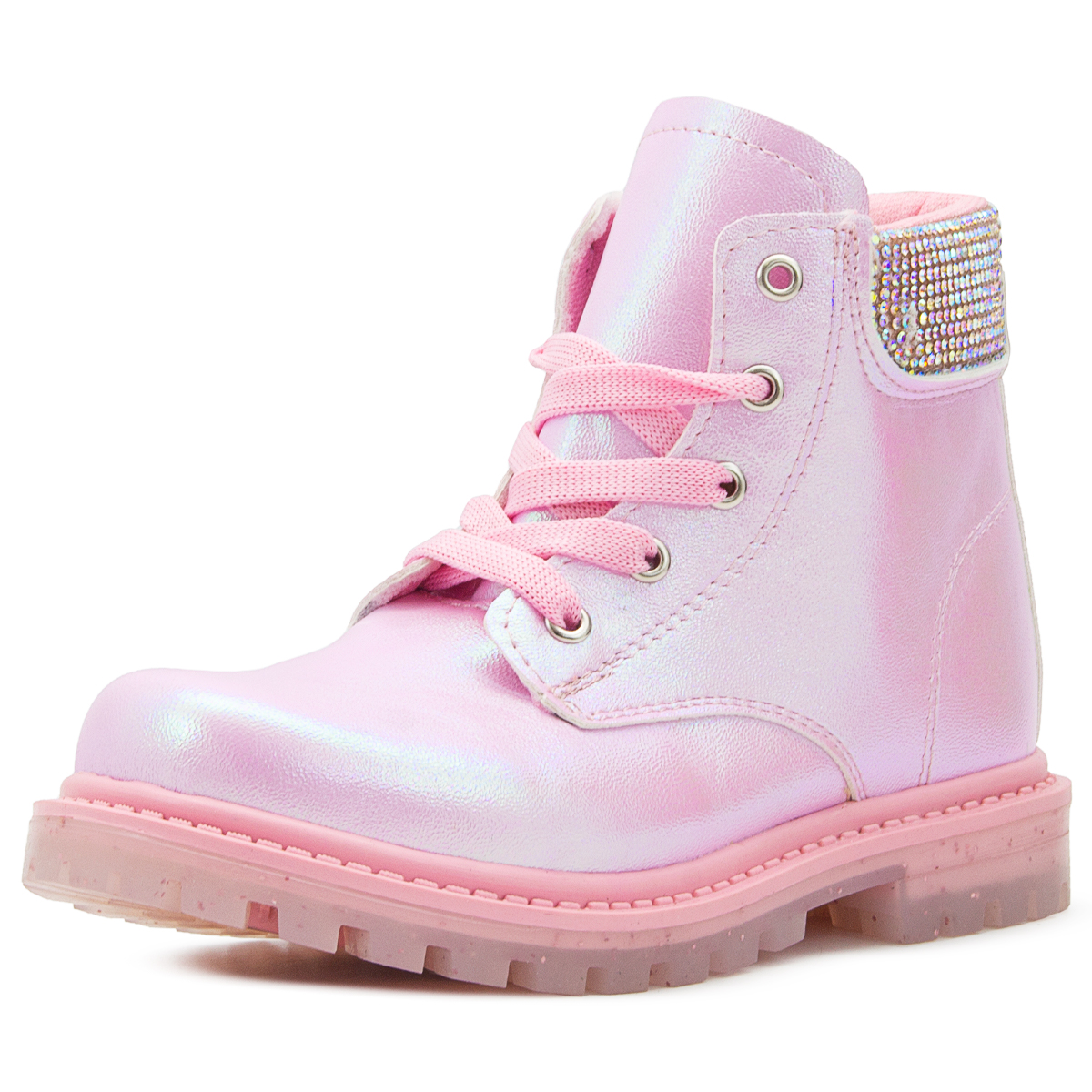 Bota Niña Moda Casual Brillos Rosa Tornasol Agujeta