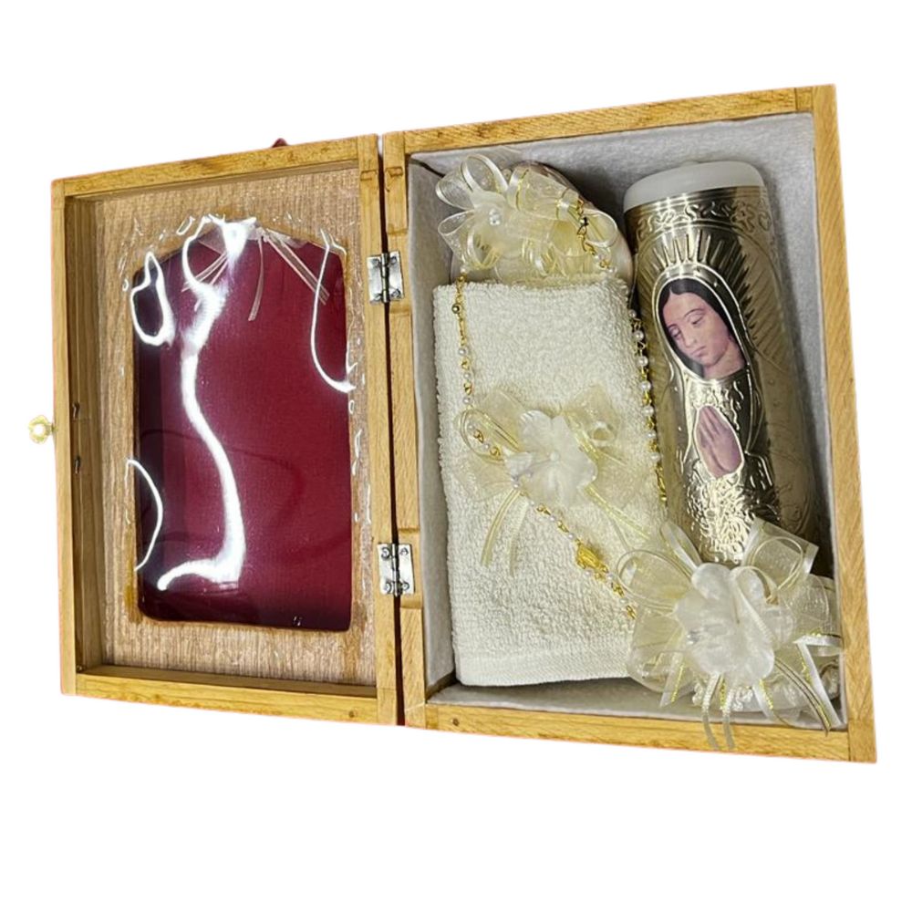 Kit de bautizo completo, incluye rosario gratis, toalla, vela y concha de bautizo