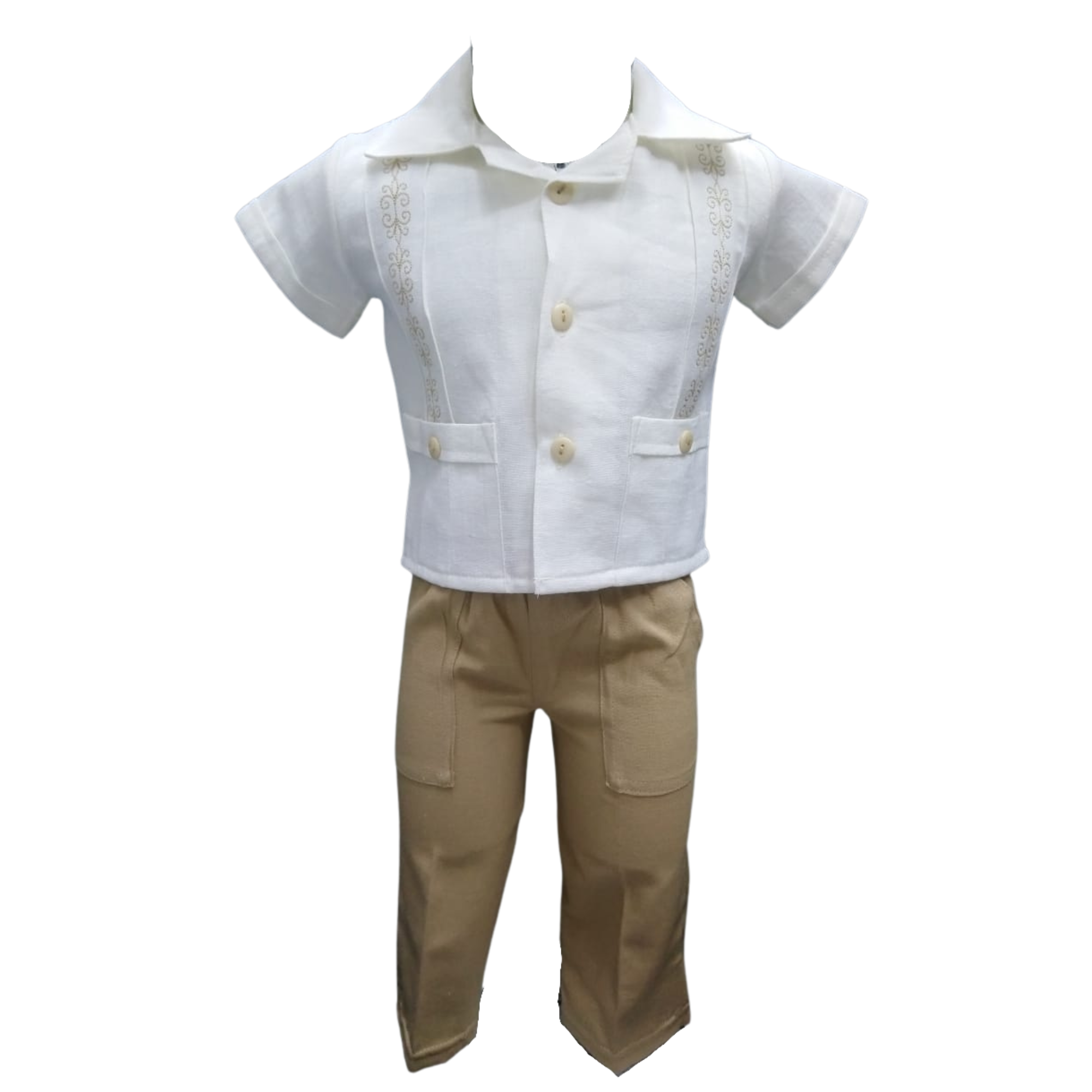 Guayabera Color Blanco Con Pantalón Y Short Color Café Niños
