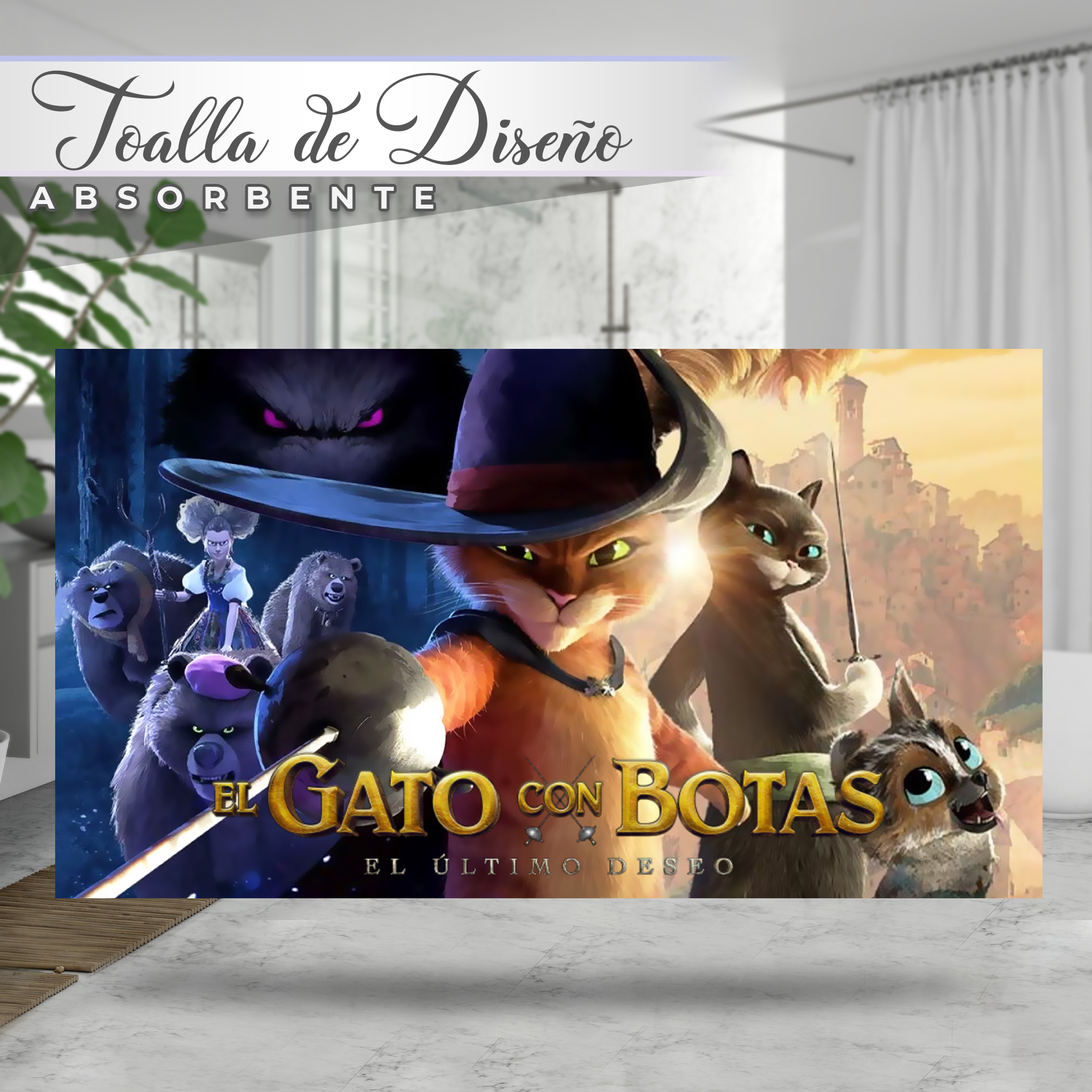 Toalla De Baño Diseño  Gato Con Botas Deseo Shrek Microfibra de Poliéster