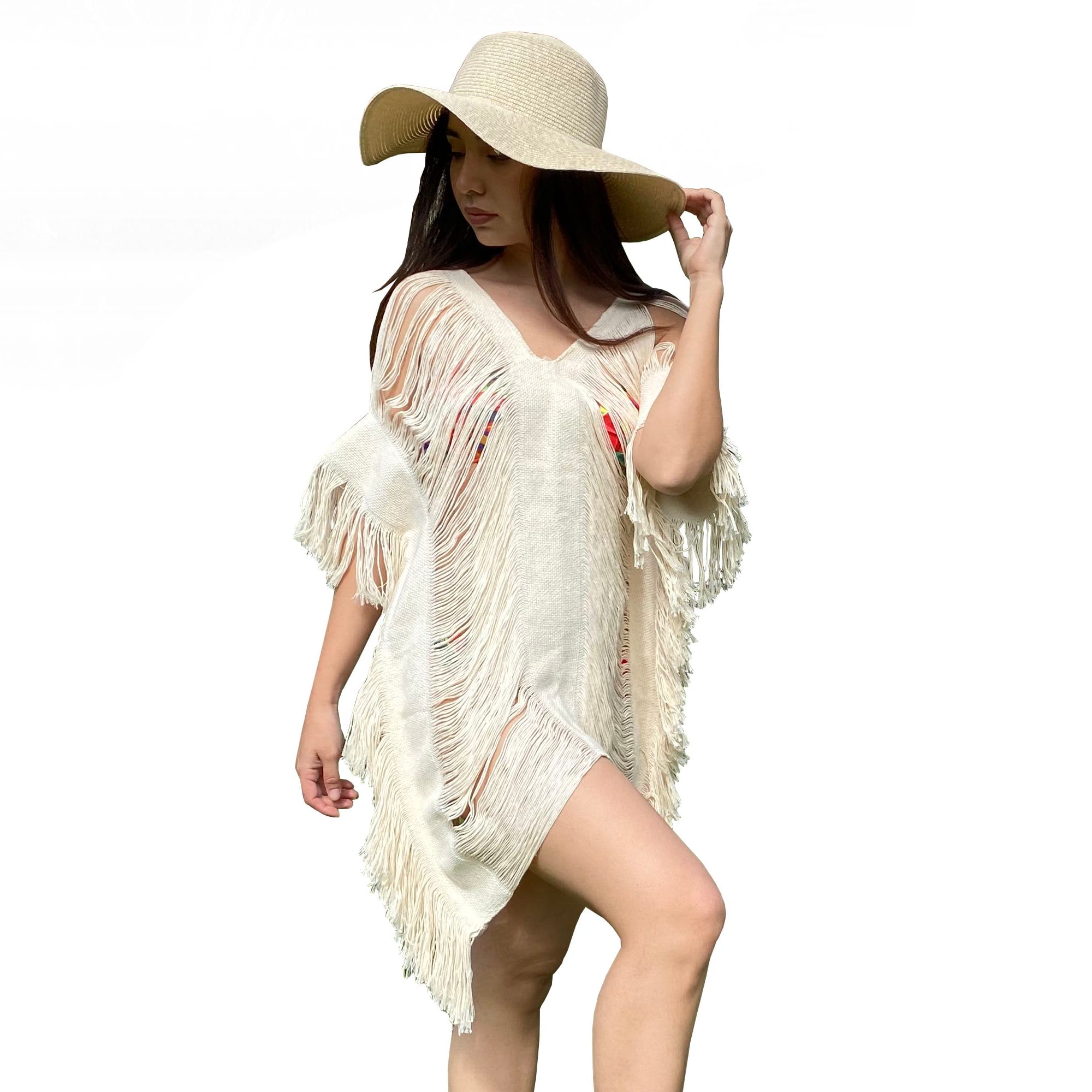 Vestido de Playa con cuello V hecho de Manta de Algodón deshilado, Fresco, Ropa de Playa, Pareo, Manta Deshilada de Algodón. Punto y Compra SP-VCOR