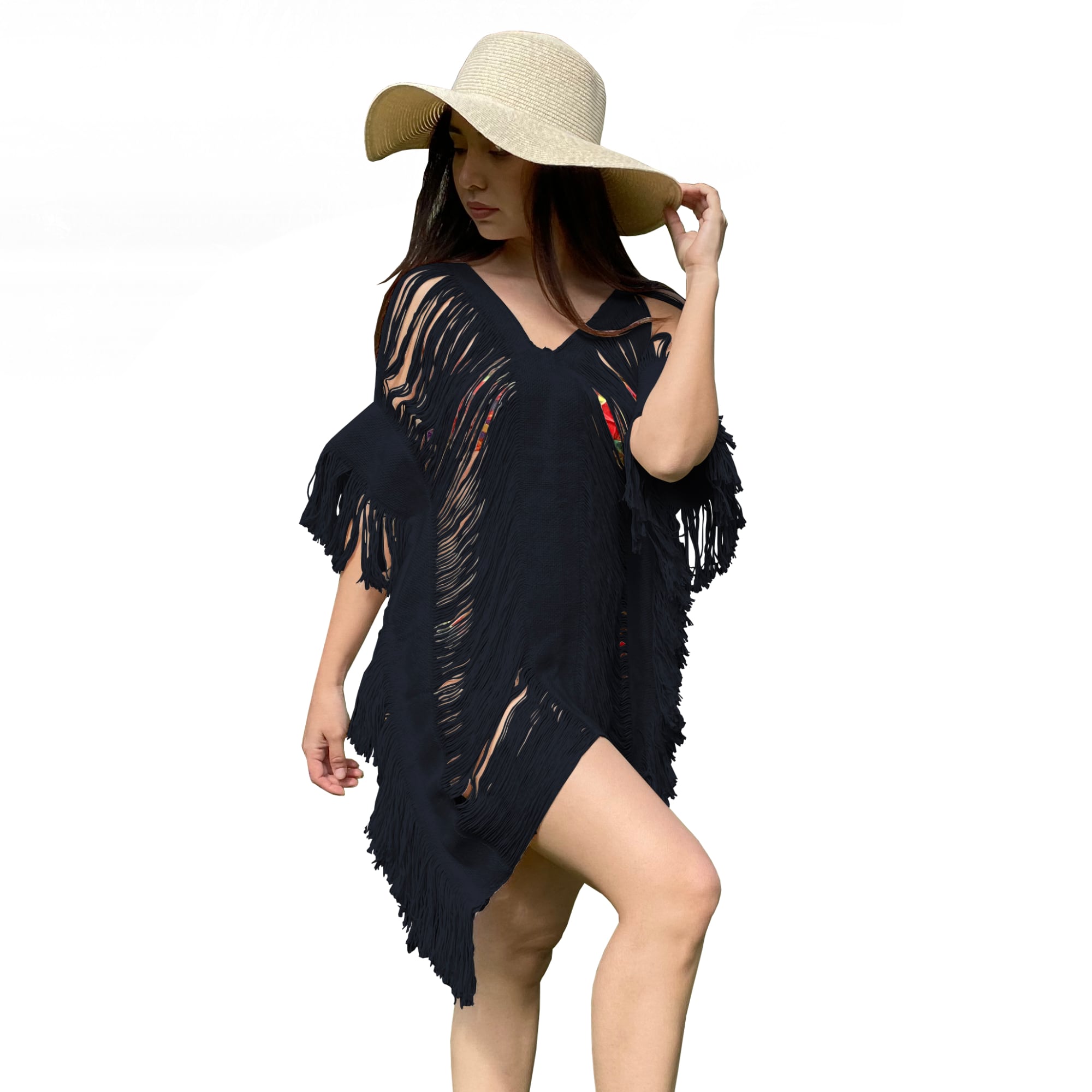 Vestido de Playa con cuello V hecho de Manta de Algodón deshilado, Fresco, Ropa de Playa, Pareo, Manta Deshilada de Algodón. Punto y Compra SP-VCOR