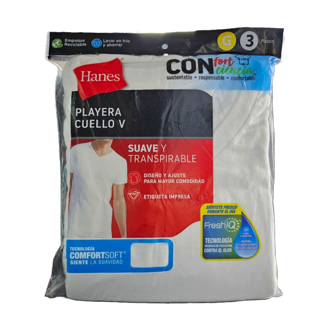 Playera Cuello V de Caballero Hanes Blanca Mod 7771