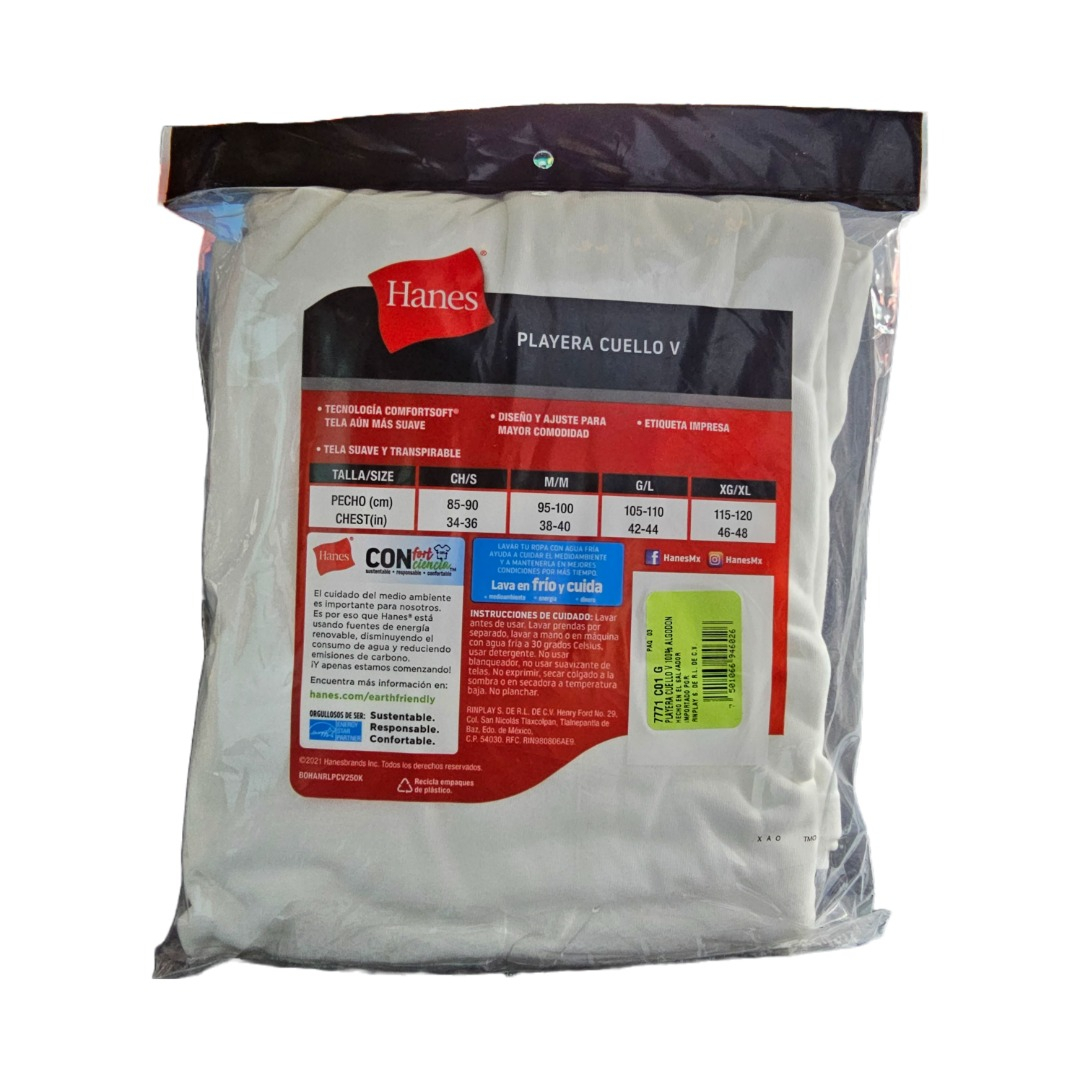 Playera Cuello V de Caballero Hanes Blanca Mod 7771