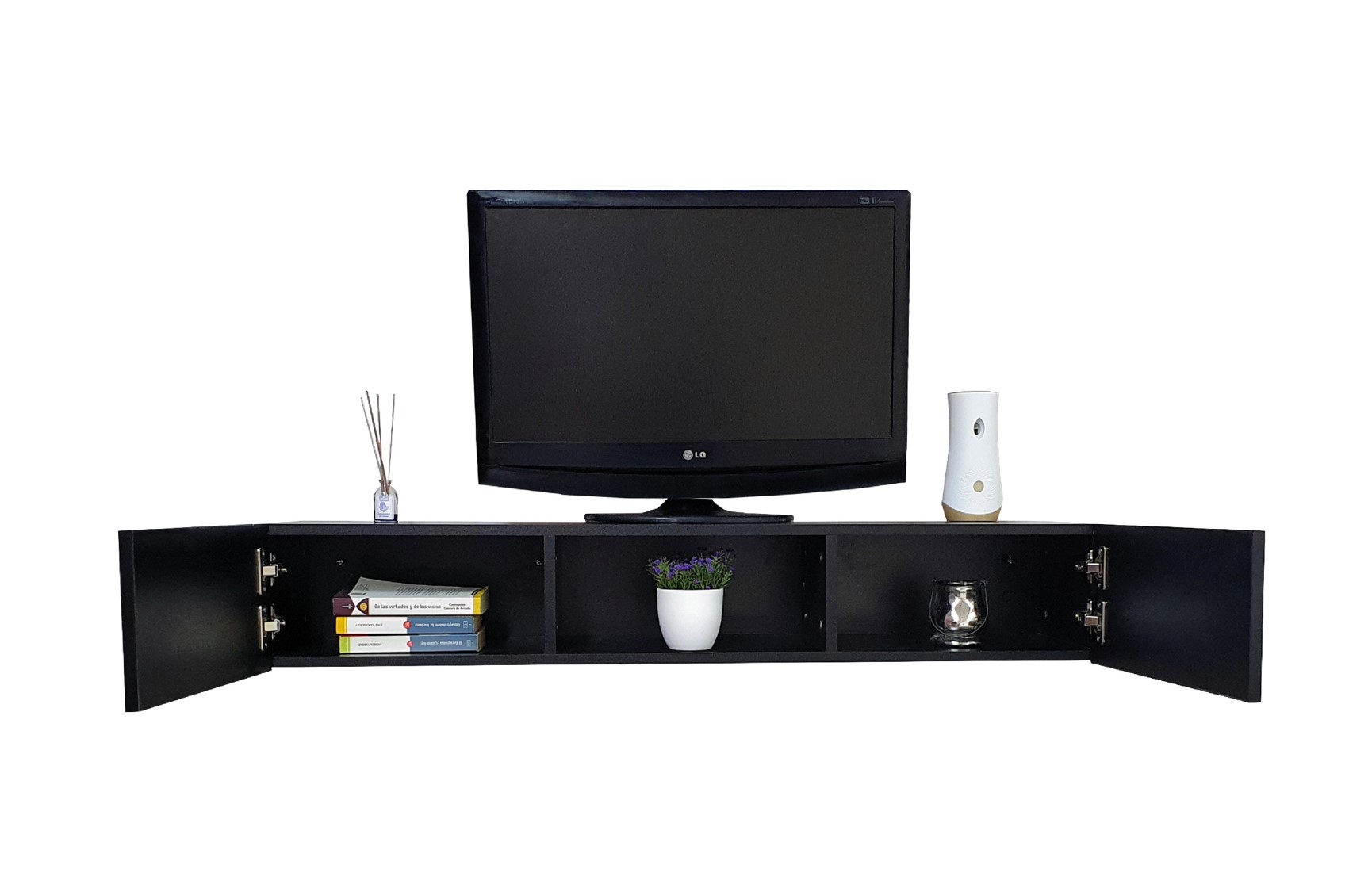 Repisa Escritorio Flotante con Puertas para TV Minimalista (Negro Mate).