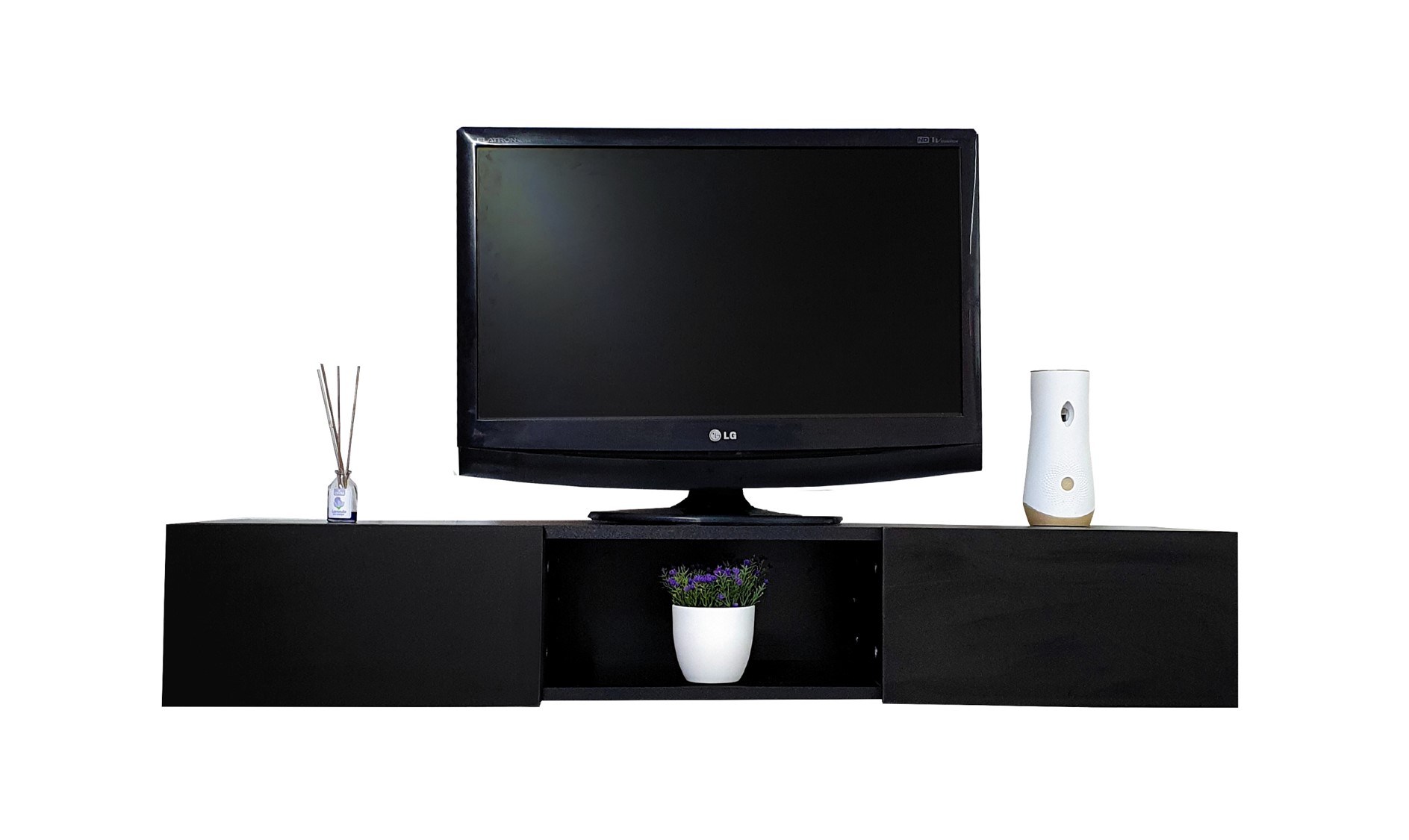 Repisa Escritorio Flotante con Puertas para TV Minimalista (Negro Mate).