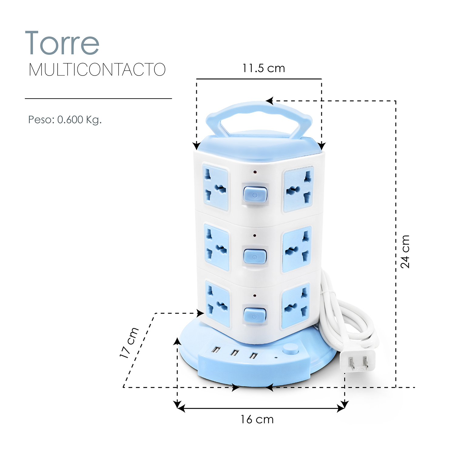 Multicontacto Torre 12 Contactos 3 Entradas Usb Universal