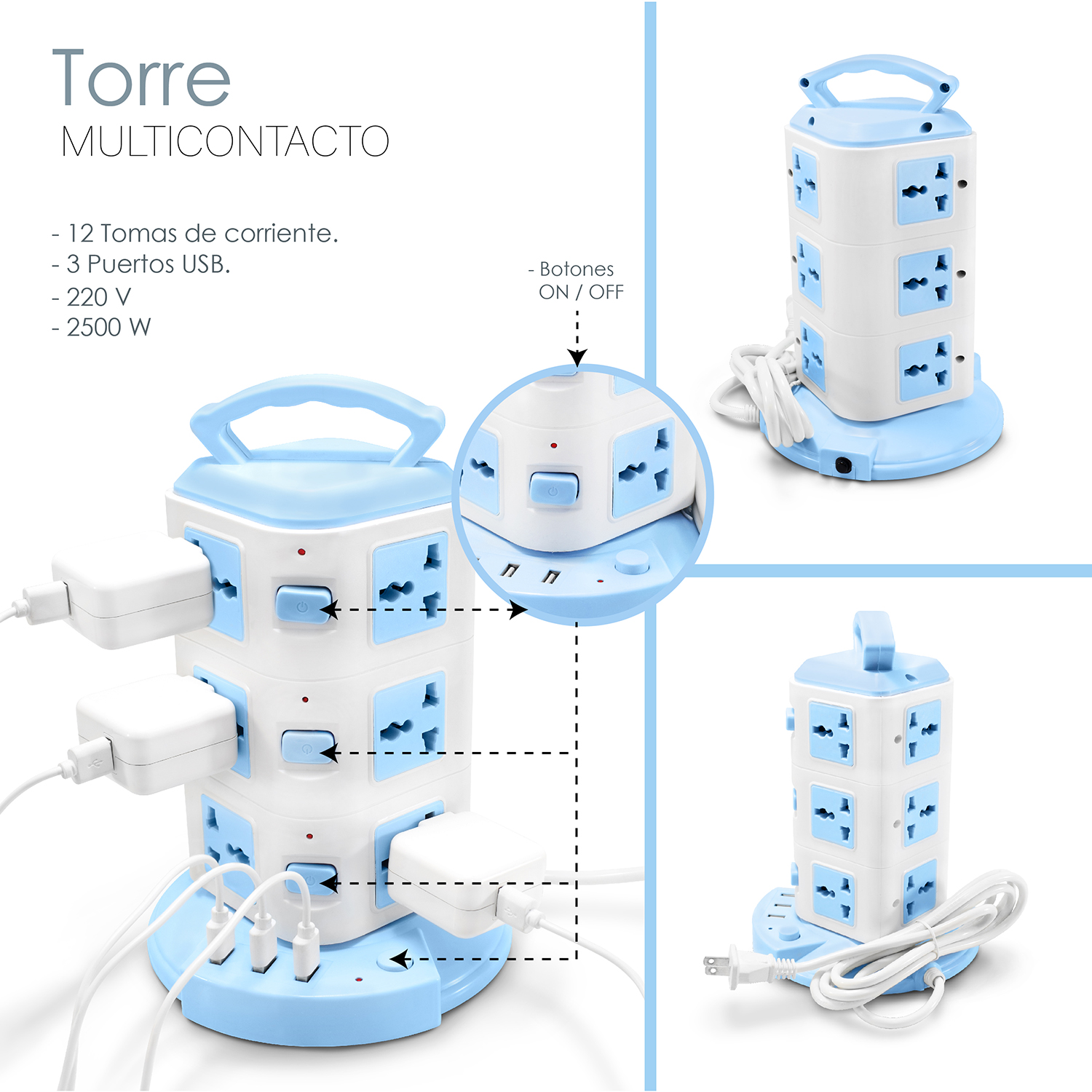 Multicontacto Torre 12 Contactos 3 Entradas Usb Universal