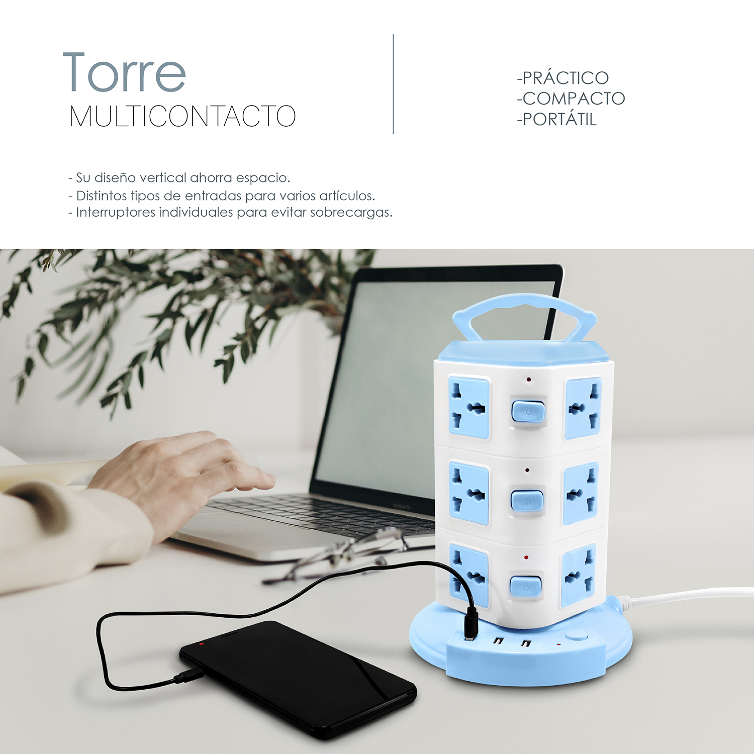 Multicontacto Torre 12 Contactos 3 Entradas Usb Universal