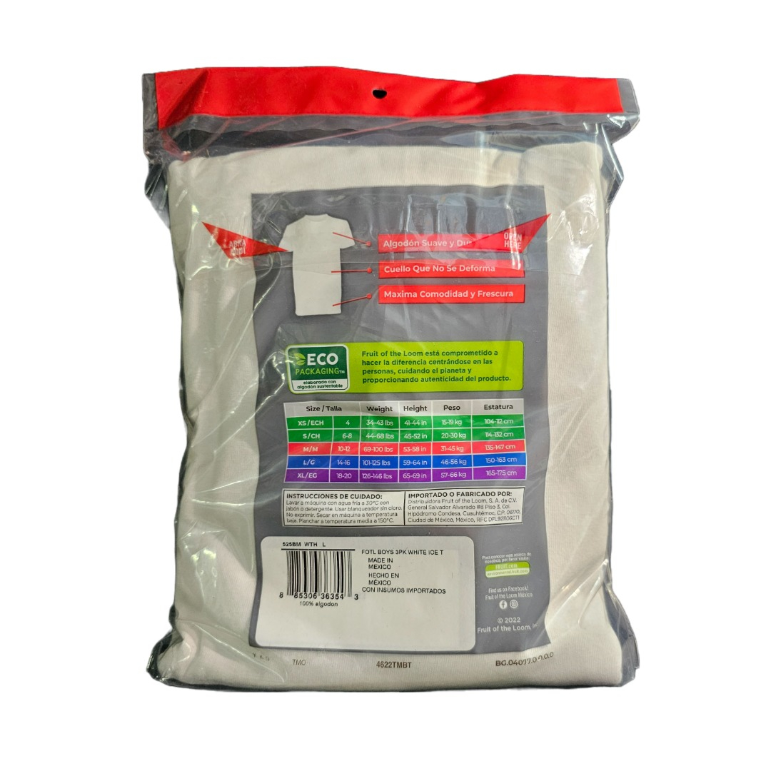 Playera Niño Blanca 3 Pack Modelo 525BM Fruit Of The Loom