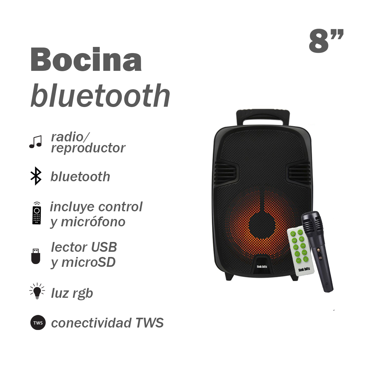 Bocina de 8" con Micrófono y Control Link Bits SA890T