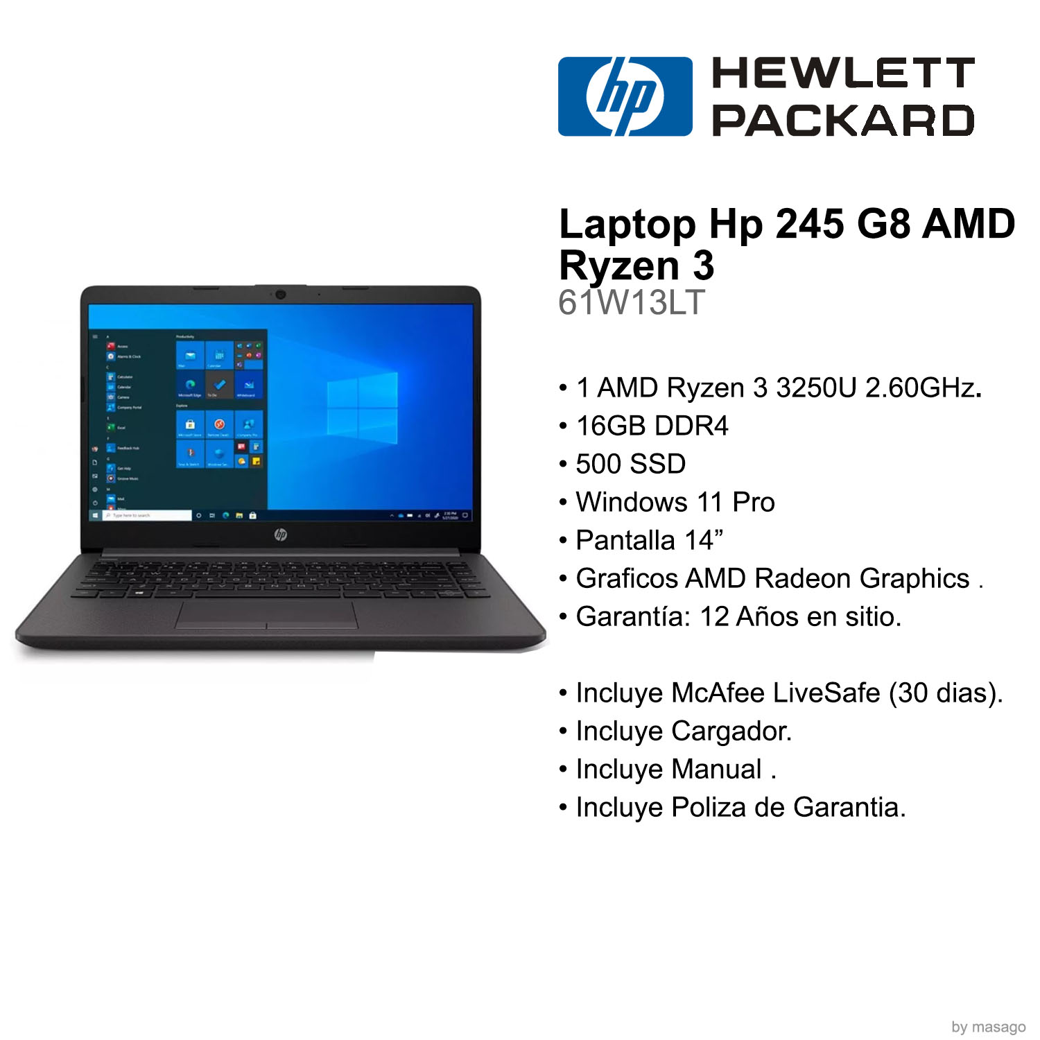 Laptop Hp 245 G8 Amd Ryzen 3 16gb 500 Ssd 61w13lt Window 11 