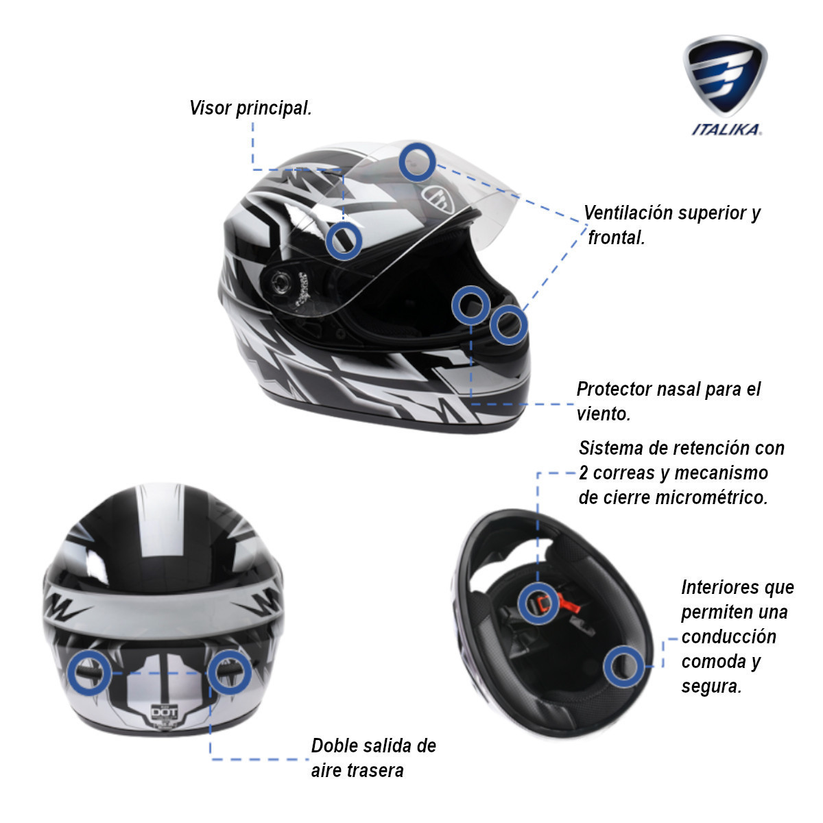 Casco Moto Cerrado ITALIKA Relámpago Certificado DOT Blanco/Negro