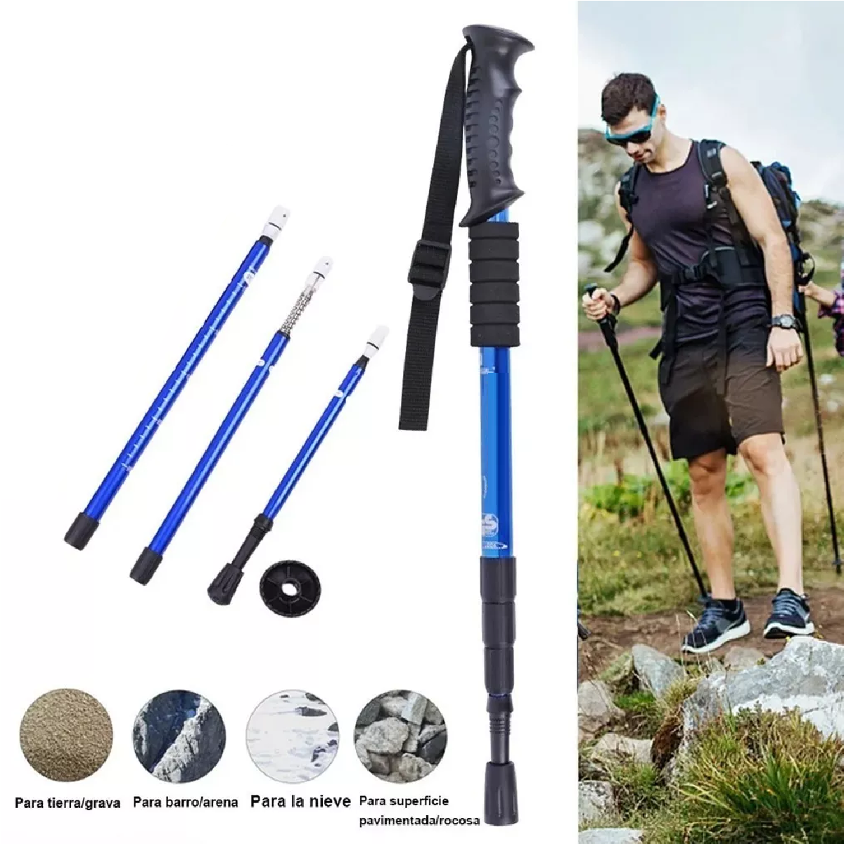  Bastón Plegable Ligero Senderismo Treking Caminar Escalar Azul