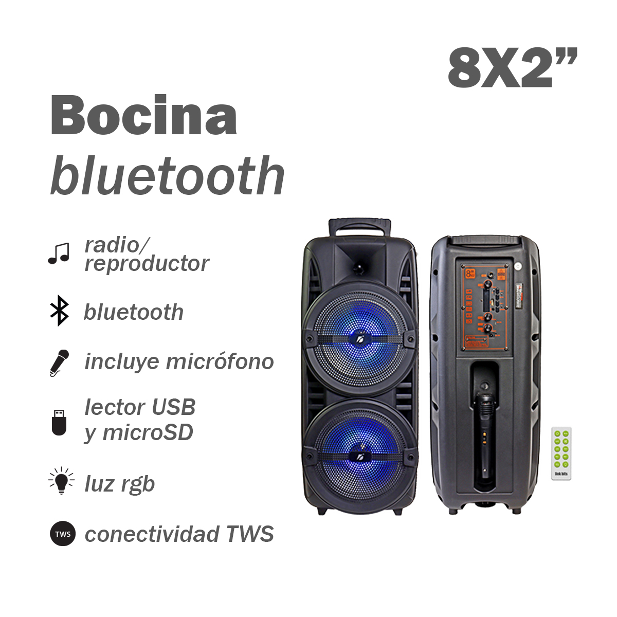 Bocina Doble de 8" con Bluetooth y Micrófono Incluido Link Bits KTS-1745