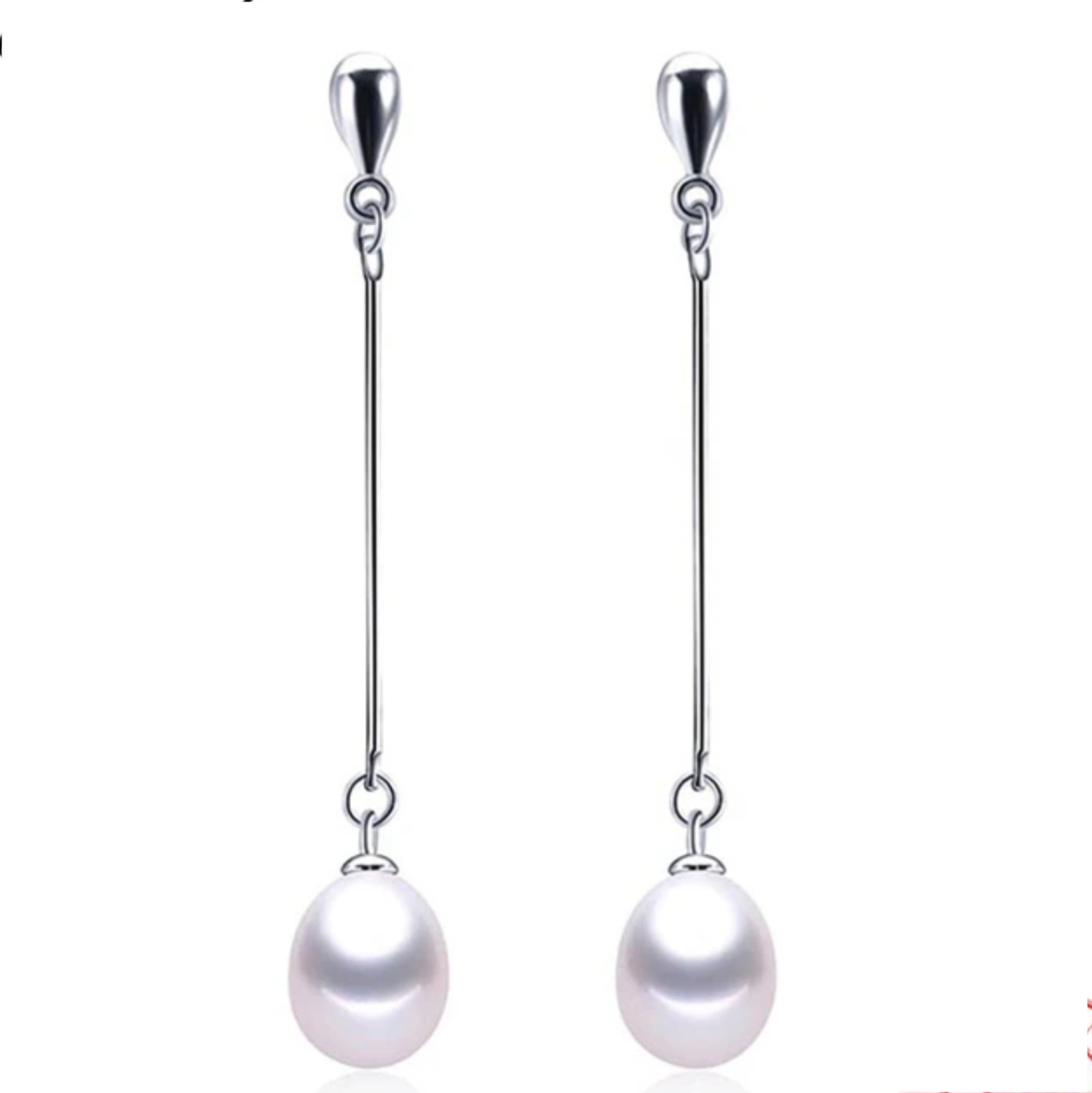 Pendientes largos de plata ley .925 y perlas ovaladas AAAA