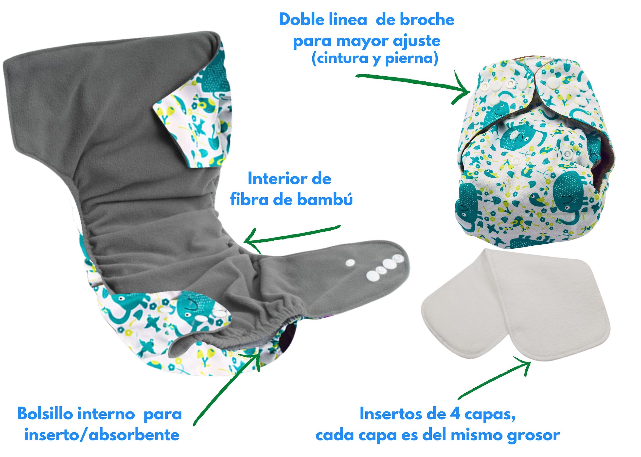 5 Pañales Ecológicos estampados Interior Bambú + 5  Insertos microfibra de 4 capas NIÑA.