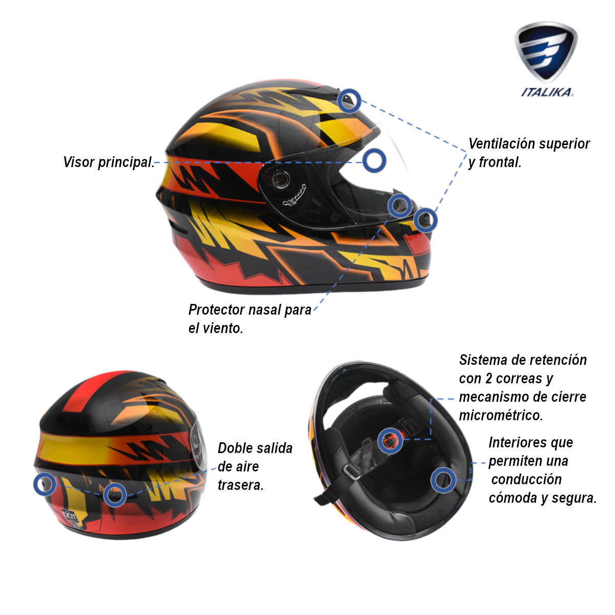 Casco Moto Cerrado ITALIKA Relámpago Certificado DOT Amarillo/Rojo/Negro