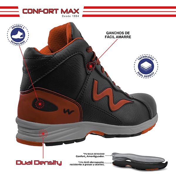 Zapato de Seguridad WSM tipo tenis, Ergonómico y muy ligero. Con casquillo de Policarbonato. Bota de trabajo multifuncional. Es un calzado Industrial dieléctrico y antiderrapante. Est Potenza