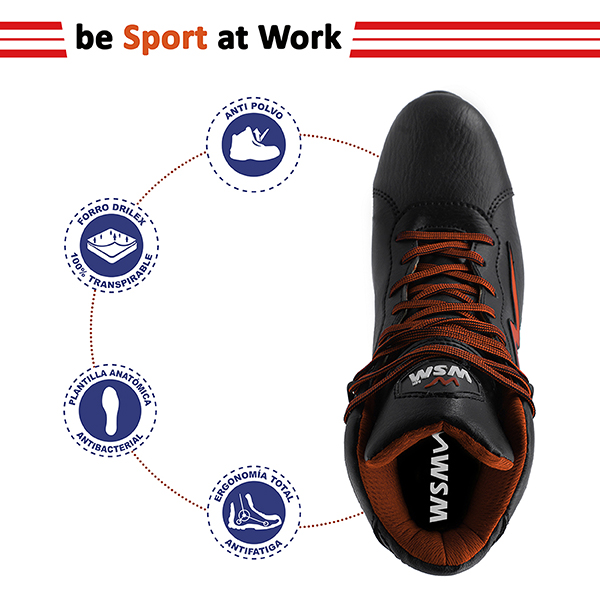 Zapato de Seguridad WSM tipo tenis, Ergonómico y muy ligero. Con casquillo de Policarbonato. Bota de trabajo multifuncional. Es un calzado Industrial dieléctrico y antiderrapante. Est Potenza