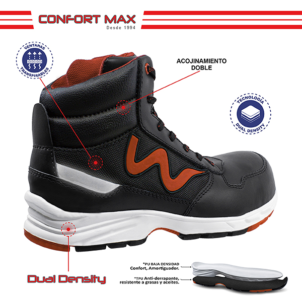 Zapato de Seguridad WSM tipo tenis, Ergonómico y muy ligero. Con casquillo de Policarbonato. Bota de trabajo multifuncional. Es un calzado Industrial dieléctrico y antiderrapante. Est Torino Tex