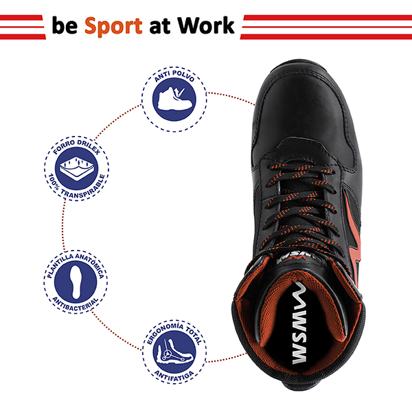 Zapato de Seguridad WSM tipo tenis, Ergonómico y muy ligero. Con casquillo de Policarbonato. Bota de trabajo multifuncional. Es un calzado Industrial dieléctrico y antiderrapante. Est Torino Tex