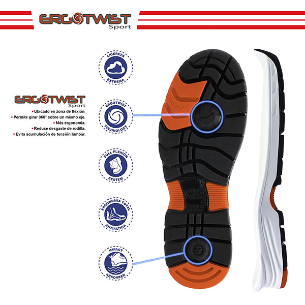 Zapato de Seguridad WSM tipo tenis, Ergonómico y muy ligero. Con casquillo de Policarbonato. Bota de trabajo multifuncional. Es un calzado Industrial dieléctrico y antiderrapante. Est Torino Tex