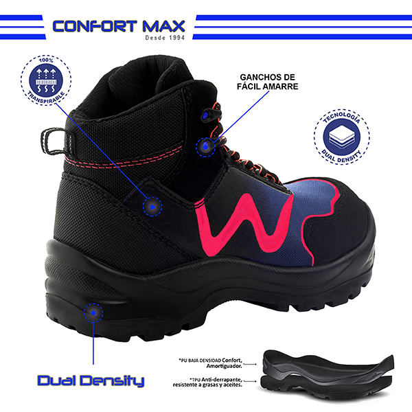 Zapato de Seguridad WSM para Dama, Ergonómico y muy ligero tipo tenis. Con casquillo de Policarbonato. Bota Industrial. 2959-WT