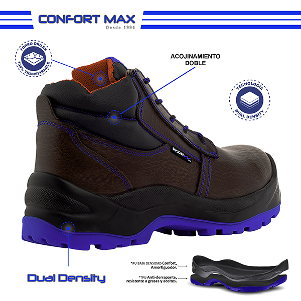 Zapato de Seguridad WSM, Ergonómico y muy ligero. Con casquillo de Policarbonato. Bota Industrial y multifuncional. 2958-MT. Café