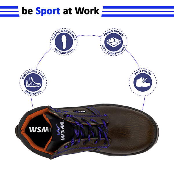 Zapato de Seguridad WSM, Ergonómico y muy ligero. Con casquillo de Policarbonato. Bota Industrial y multifuncional. 2958-MT. Café