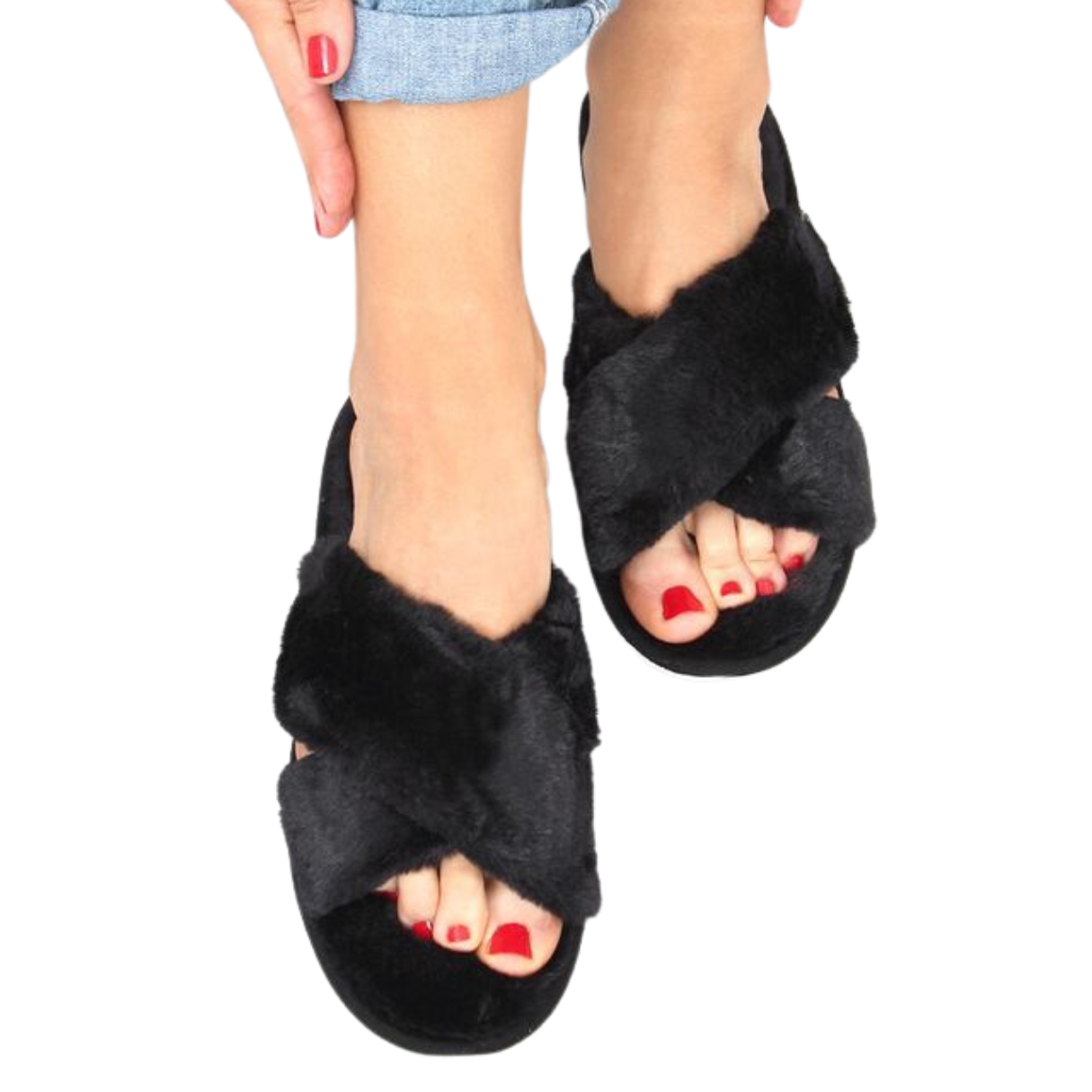 Pantuflas negras estilo mule cruzado con plataforma mullidas esponjosas modelo Helsinki