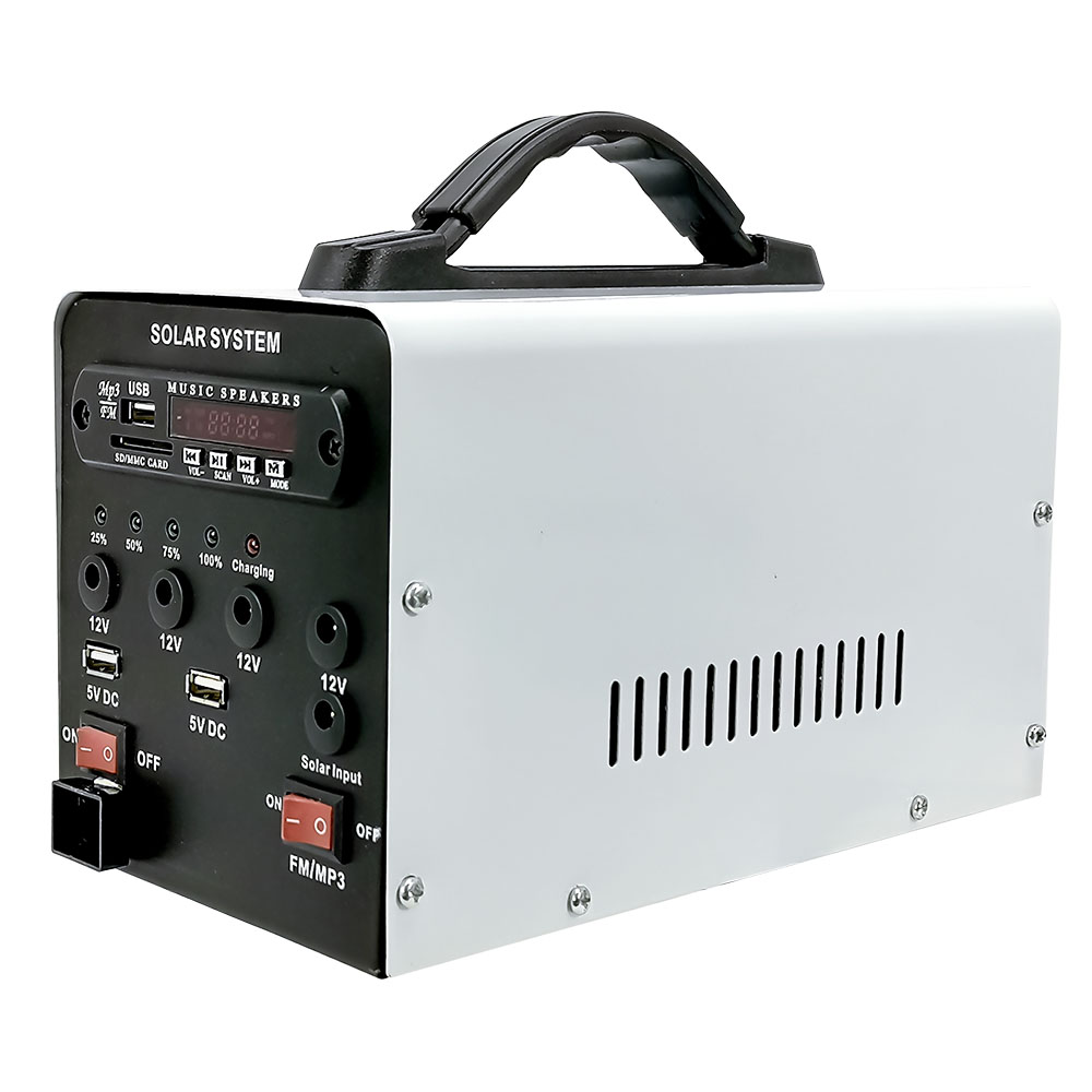 Sistema Solar Generador de Energia para Equipos Eléctricos con Sistema de Audio MP3 y FM  Integrado Entrada USB y Salida 12 V es Compacto Ideal para Camping  / Master / MP-SPS1207F
