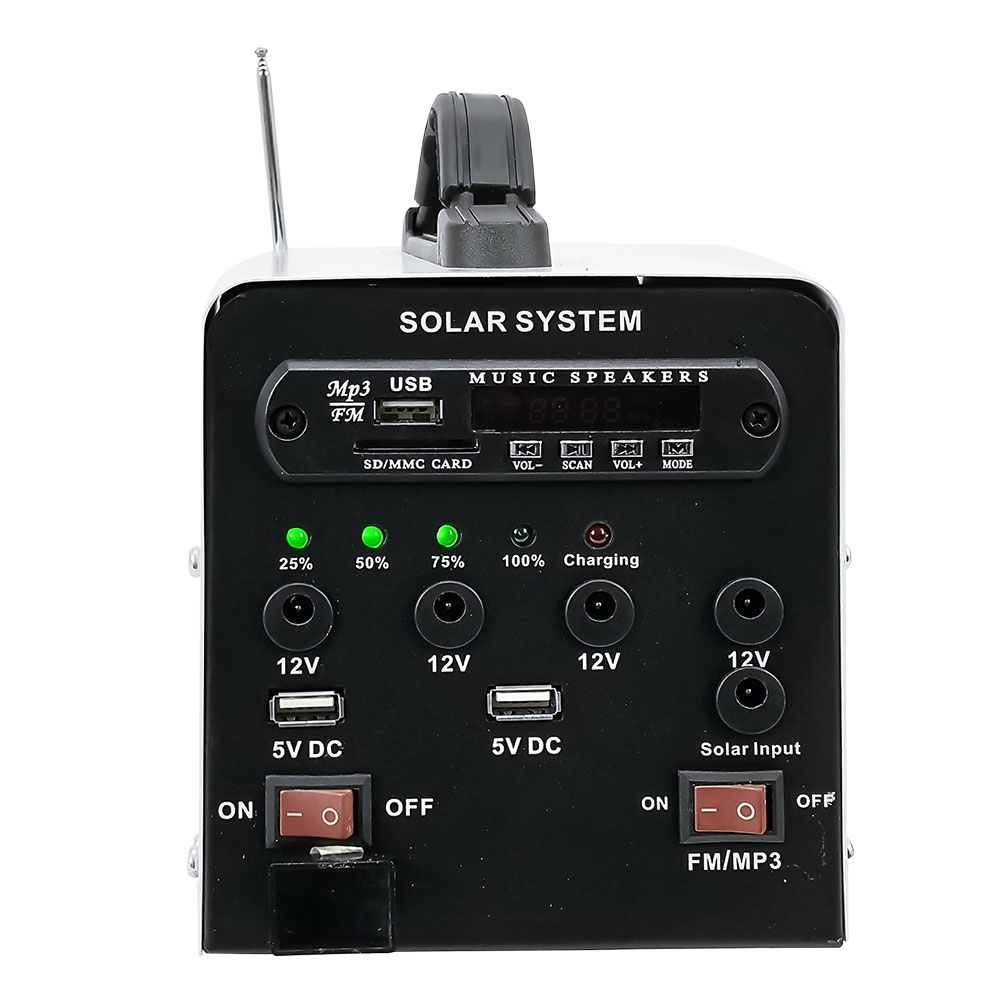 Sistema Solar Generador de Energia para Equipos Eléctricos con Sistema de Audio MP3 y FM  Integrado Entrada USB y Salida 12 V es Compacto Ideal para Camping  / Master / MP-SPS1207F