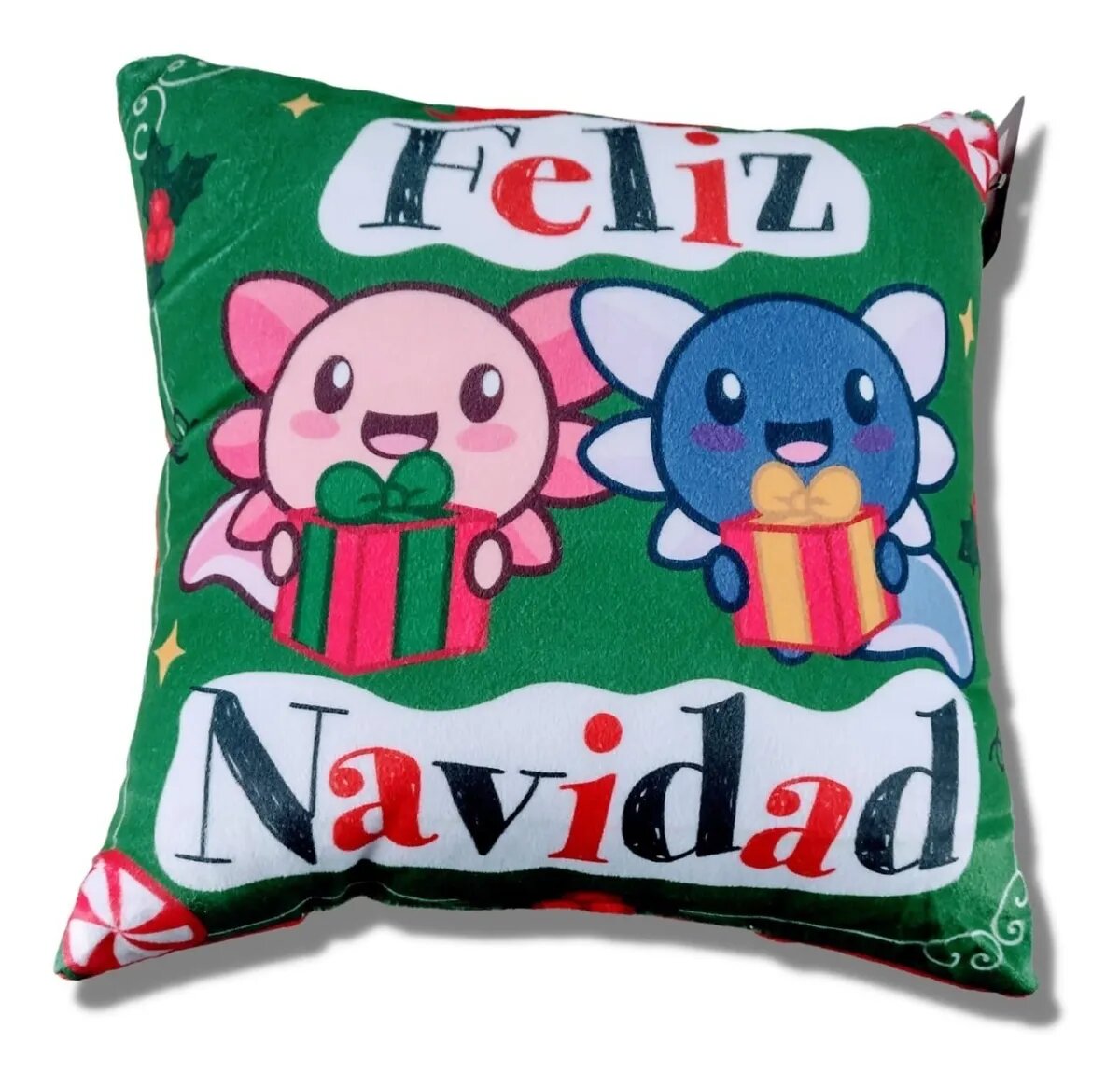 Cojín Decorativo Ajolote Feliz Navidad Verde 36cm Axolotl Regalo Sirenas Navideño